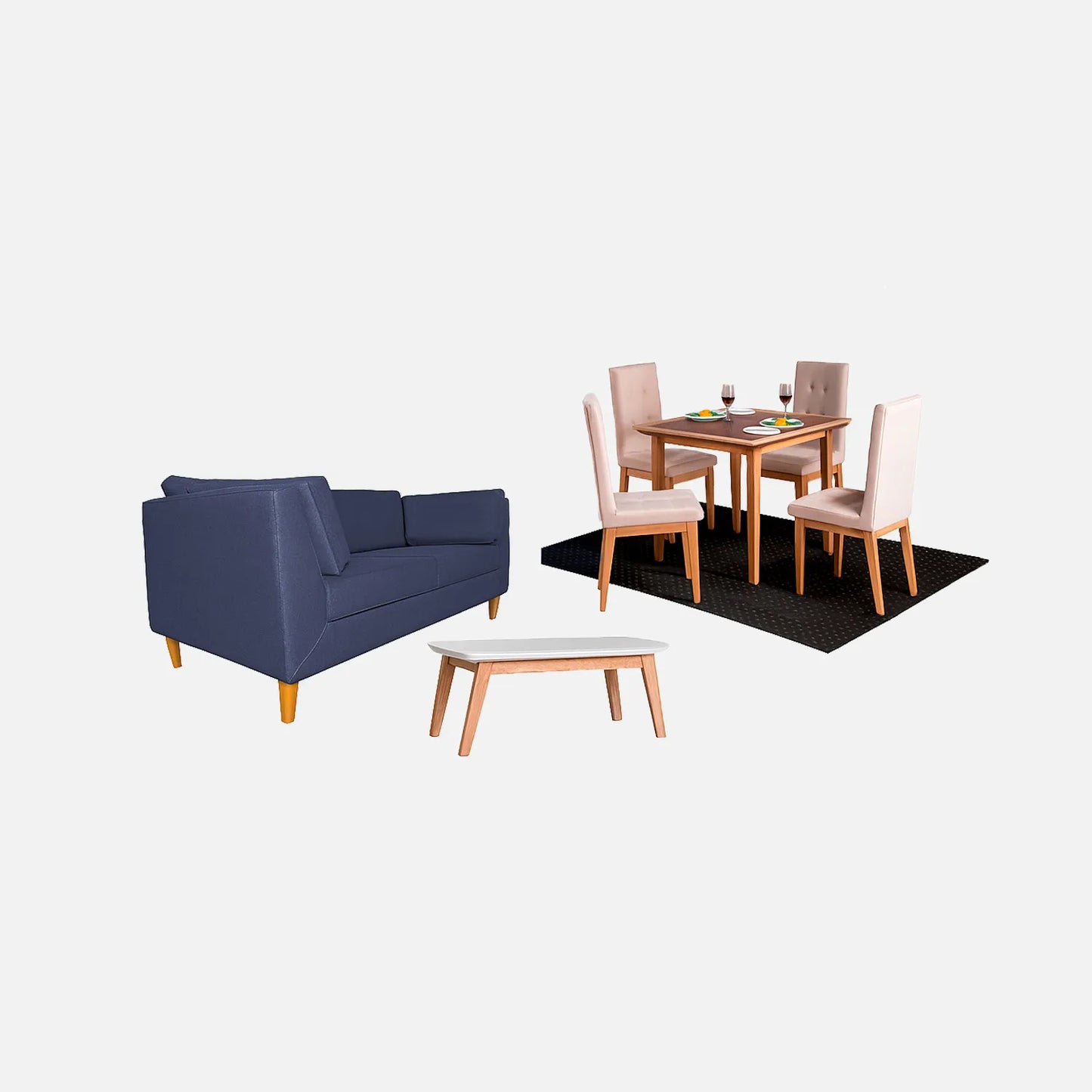 Juego de sala sofá 3 puestos color azul, con mesa auxiliar y comedor de 4 puestos con sillas tapizadas en color beige, fotografía sobre fondo blanco, ideal para visualizar la combinación de estilos y colores - All Star muebles