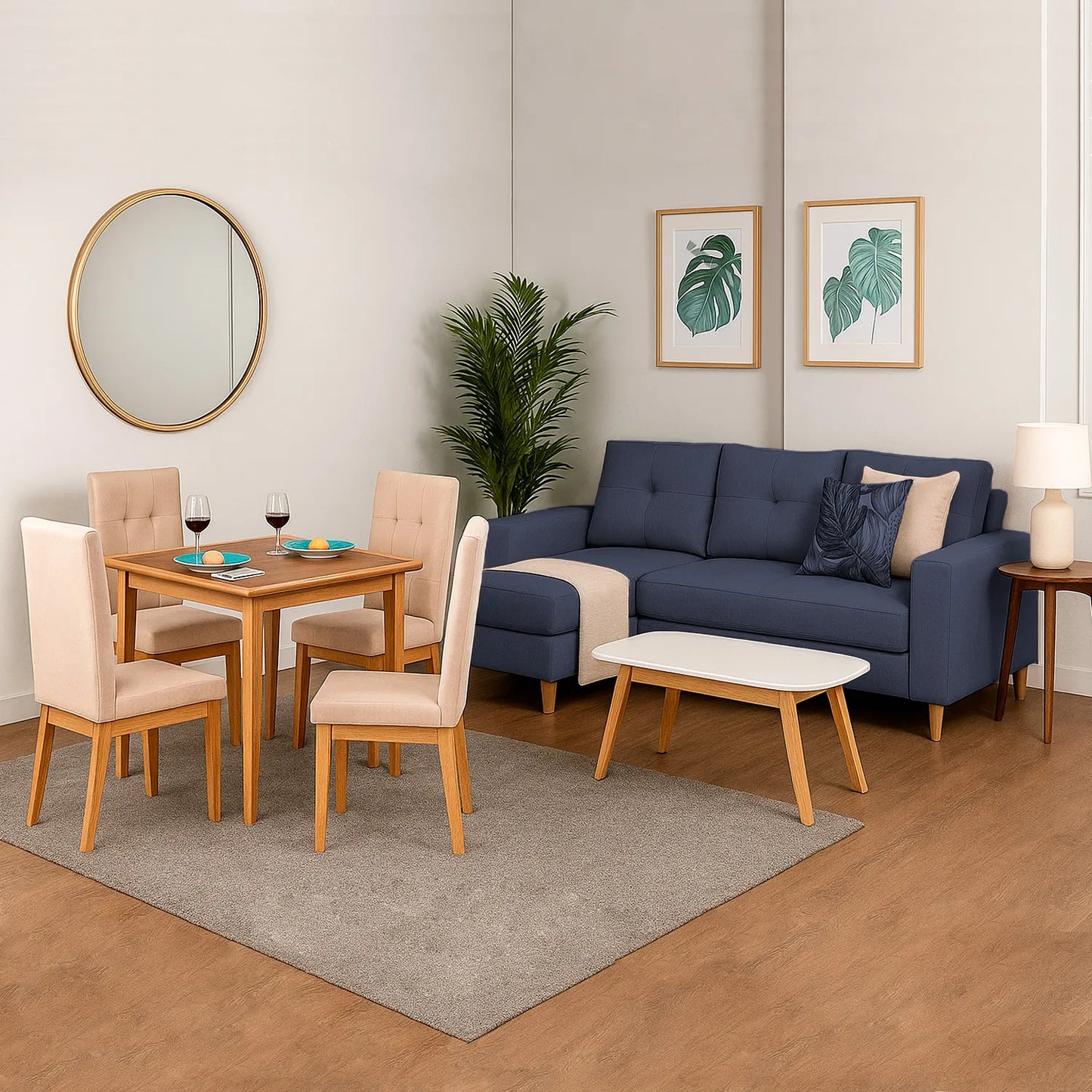 Sofá esquinero derecho de 3 puestos en tela azul, con patas en madera natural, ubicado en sala moderna, ambientado con comedor de madera. Ideal para hogares colombianos que buscan confort y estilo moderno - All Star muebles