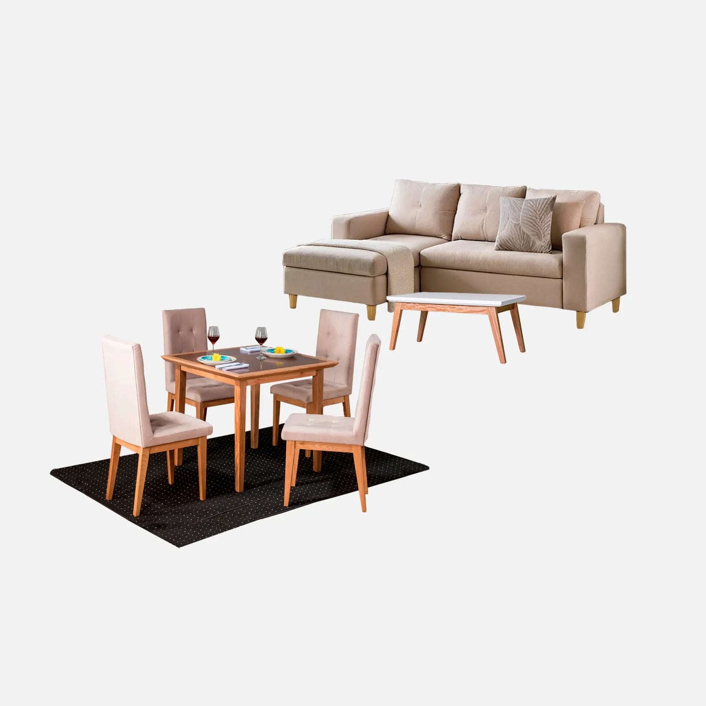 Juego de sala Verano sofá esquinero derecho 3 puestos visto en perspectiva en tela beige con patas de madera clara y comedor en madera tono natural y sillas tapizadas beige, con mesa auxiliar en madera maciza y tapa blanca, ideal para familias colombianas - All Star Muebles