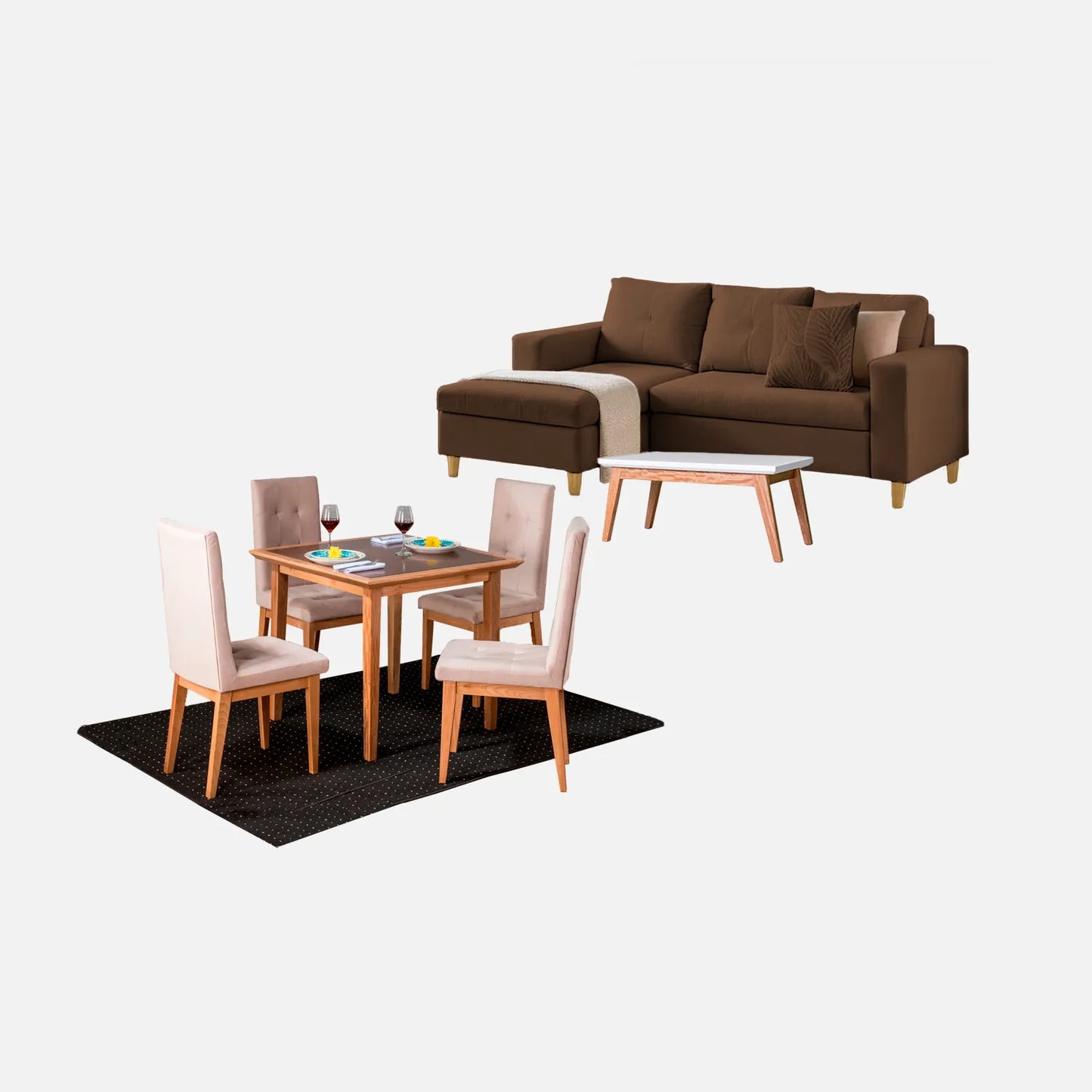 Juego de sala Verano sofá esquinero derecho 3 puestos visto en perspectiva en tela café con patas de madera clara y comedor en madera tono natural y sillas tapizadas beige, con mesa auxiliar en madera maciza y tapa blanca, ideal para familias colombianas - All Star Muebles