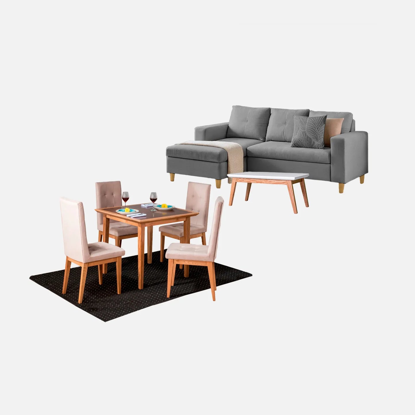 Juego de sala Verano sofá esquinero derecho 3 puestos visto en perspectiva en tela gris con patas de madera clara y comedor en madera tono natural y sillas tapizadas beige, con mesa auxiliar en madera maciza y tapa blanca, ideal para familias colombianas - All Star Muebles