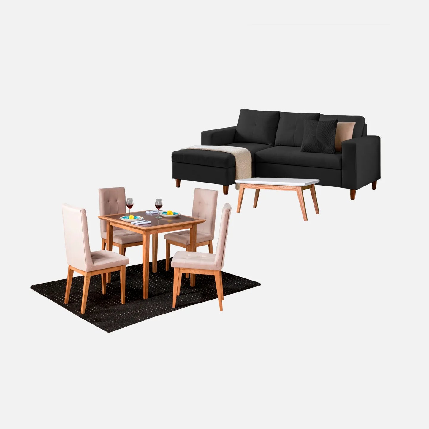 Juego de sala Verano sofá esquinero derecho 3 puestos visto en perspectiva en tela negro con patas de madera clara y comedor en madera tono natural y sillas tapizadas beige, con mesa auxiliar en madera maciza y tapa blanca, ideal para familias colombianas - All Star Muebles