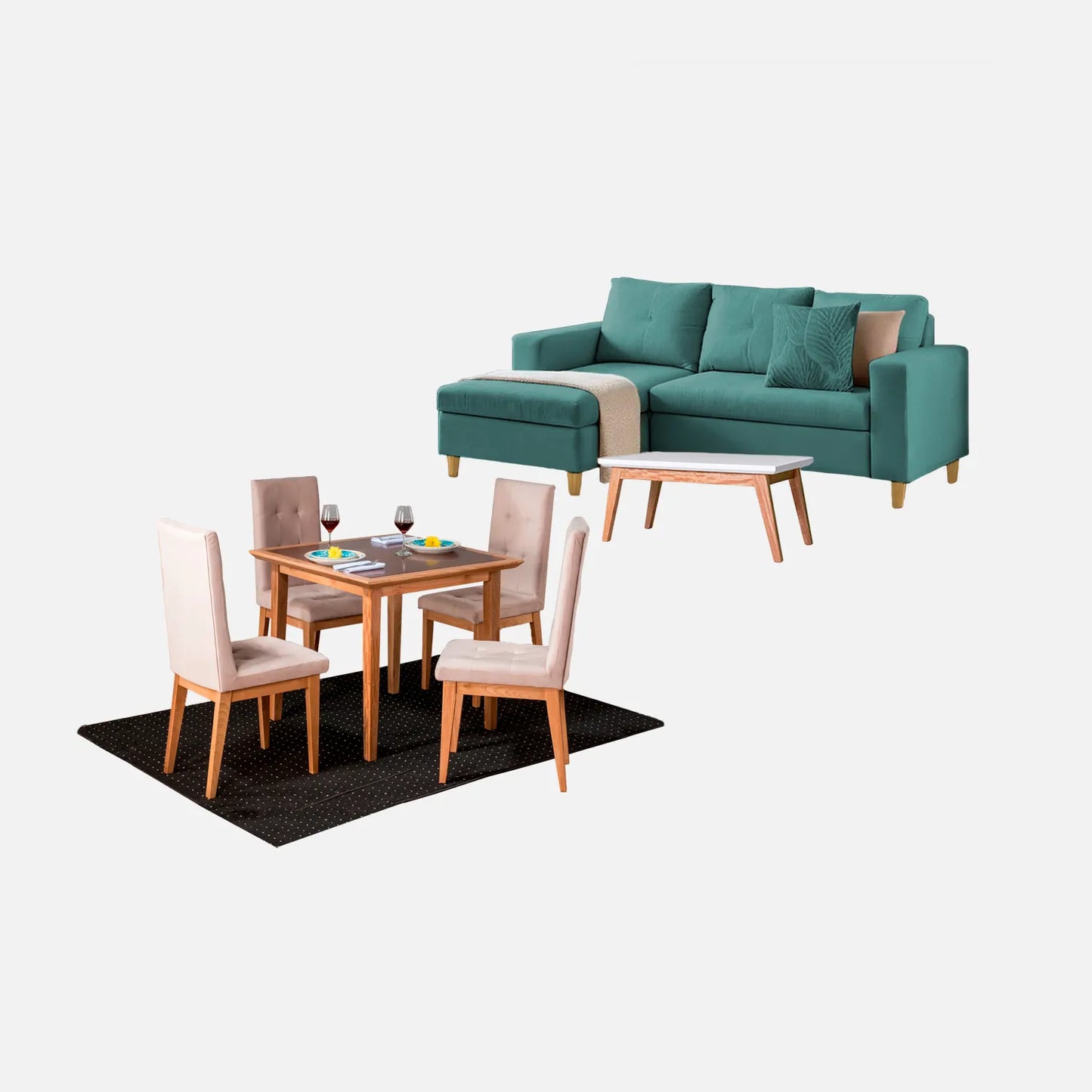 Juego de sala Verano sofá esquinero derecho 3 puestos visto en perspectiva en tela turquesa con patas de madera clara y comedor en madera tono natural y sillas tapizadas beige, con mesa auxiliar en madera maciza y tapa blanca, ideal para familias colombianas - All Star Muebles