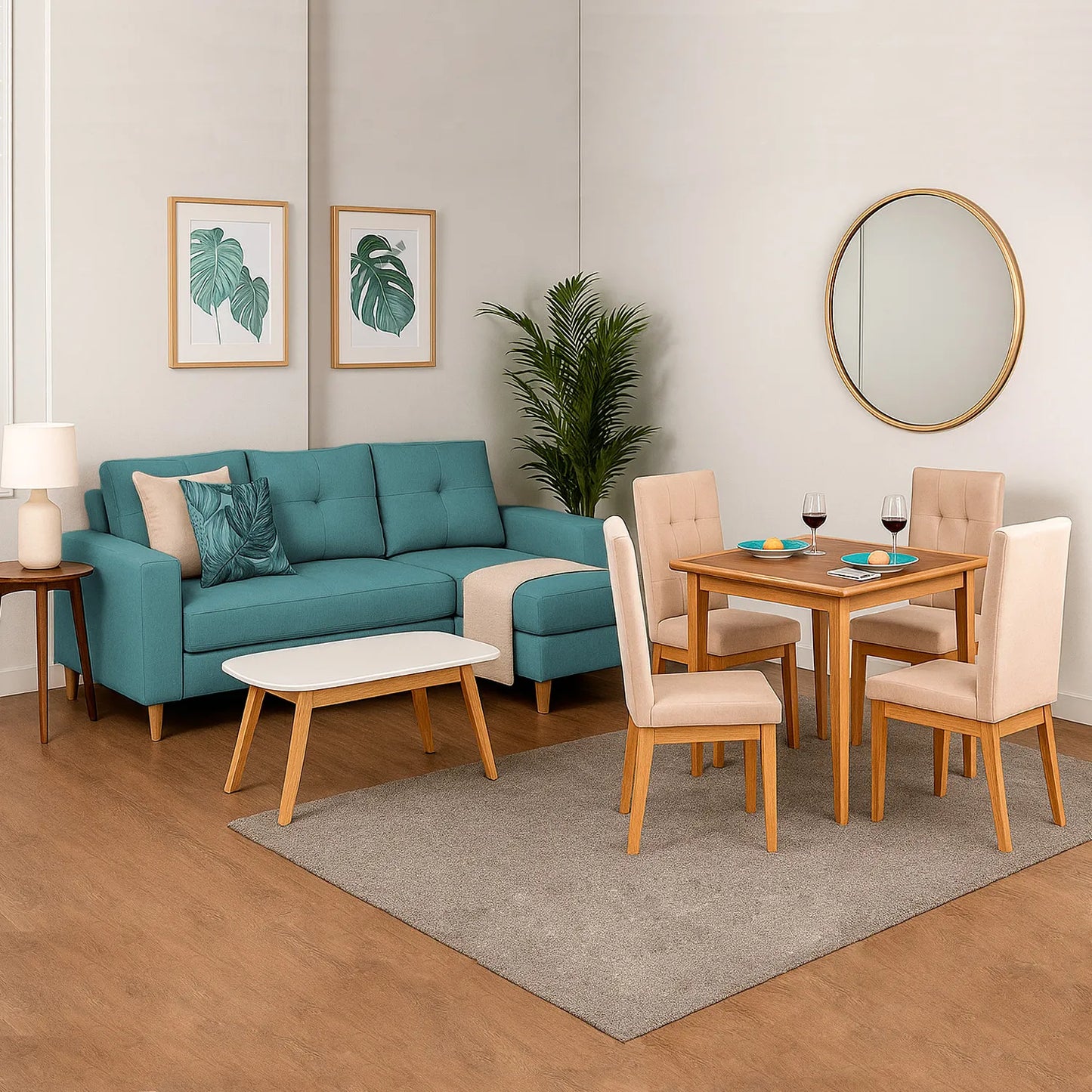 Sofá esquinero izquierdo de 3 puestos en tela turquesa, con patas en madera natural, ubicado en sala moderna, ambientado con comedor de madera. Ideal para hogares colombianos que buscan confort y estilo moderno - All Star muebles