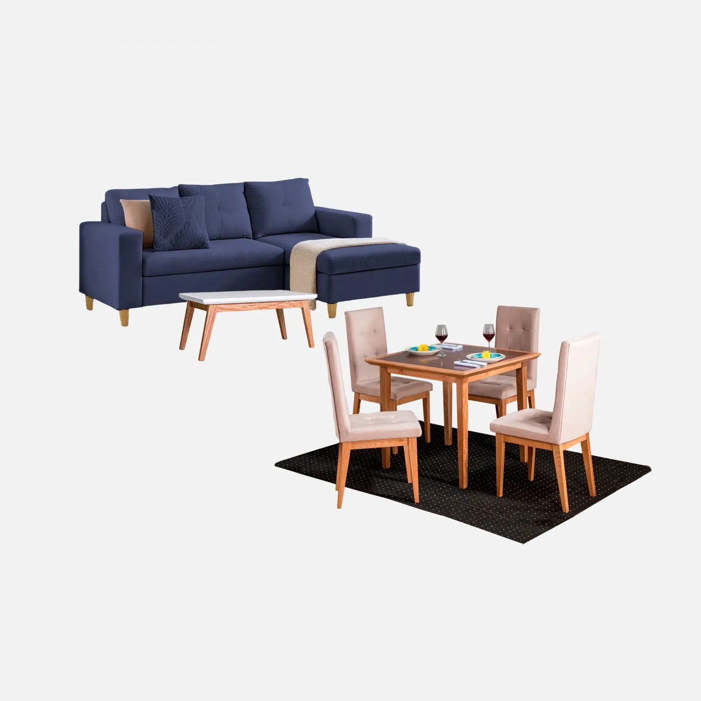 Juego de sala Verano sofá esquinero izquierdo 3 puestos visto en perspectiva en tela azul con patas de madera clara y comedor en madera tono natural y sillas tapizadas beige, con mesa auxiliar en madera maciza y tapa blanca, ideal para familias colombianas - All Star Muebles