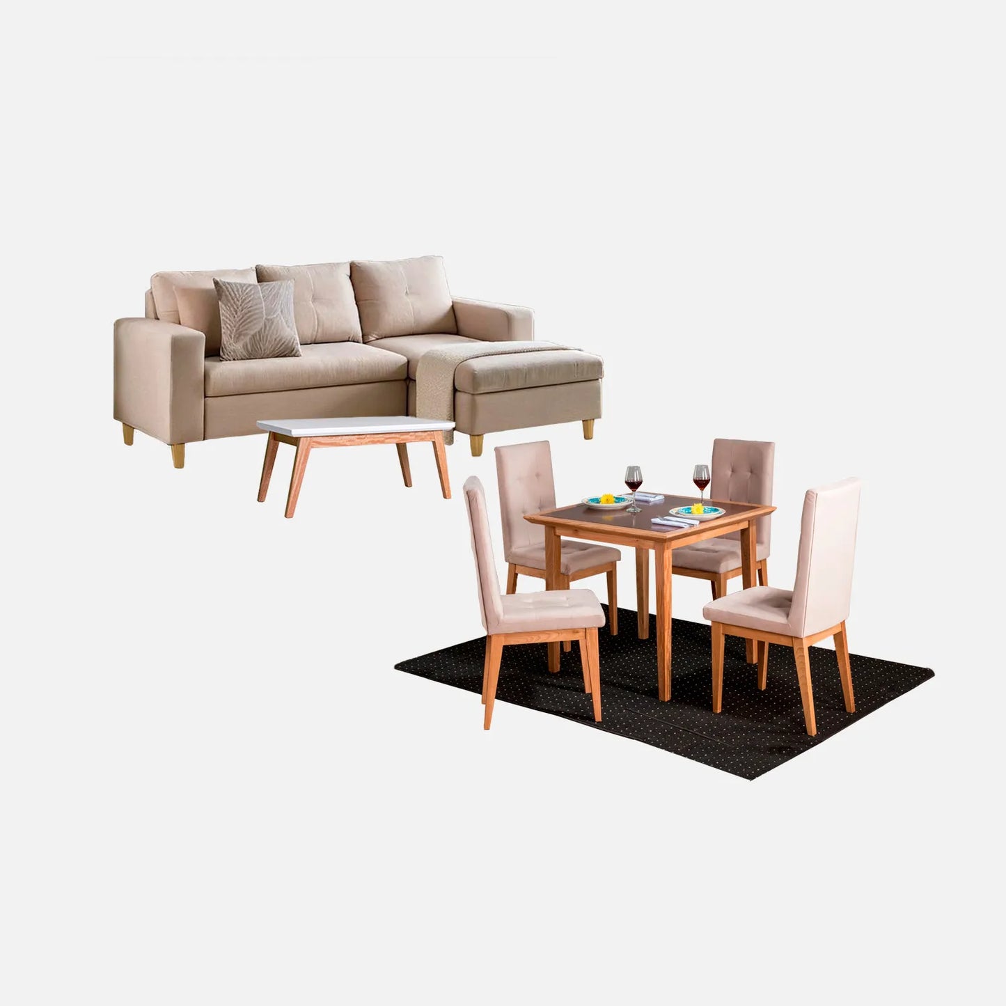 Juego de sala Verano sofá esquinero izquierdo 3 puestos visto en perspectiva en tela beige con patas de madera clara y comedor en madera tono natural y sillas tapizadas beige, con mesa auxiliar en madera maciza y tapa blanca, ideal para familias colombianas - All Star Muebles
