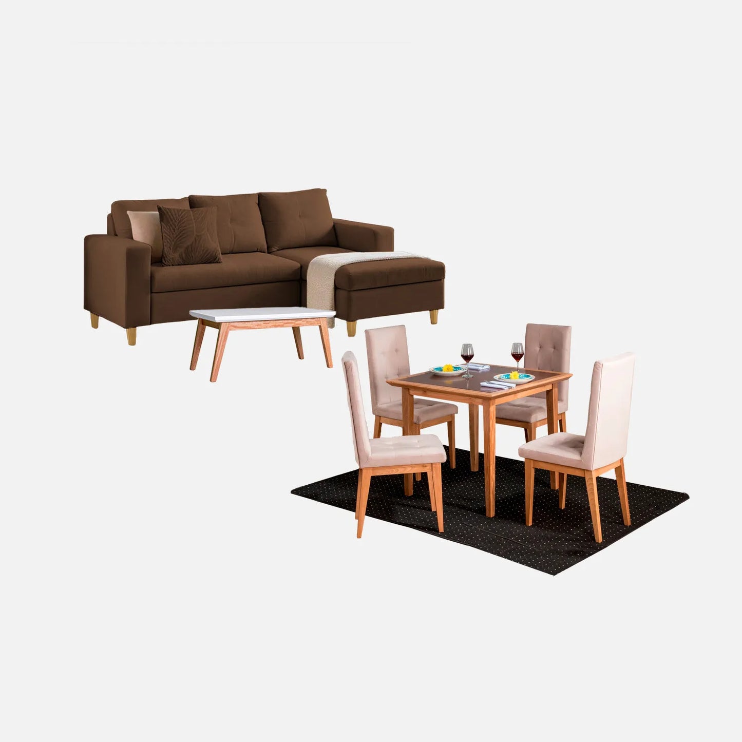 Juego de sala Verano sofá esquinero izquierdo 3 puestos visto en perspectiva en tela café con patas de madera clara y comedor en madera tono natural y sillas tapizadas beige, con mesa auxiliar en madera maciza y tapa blanca, ideal para familias colombianas - All Star Muebles