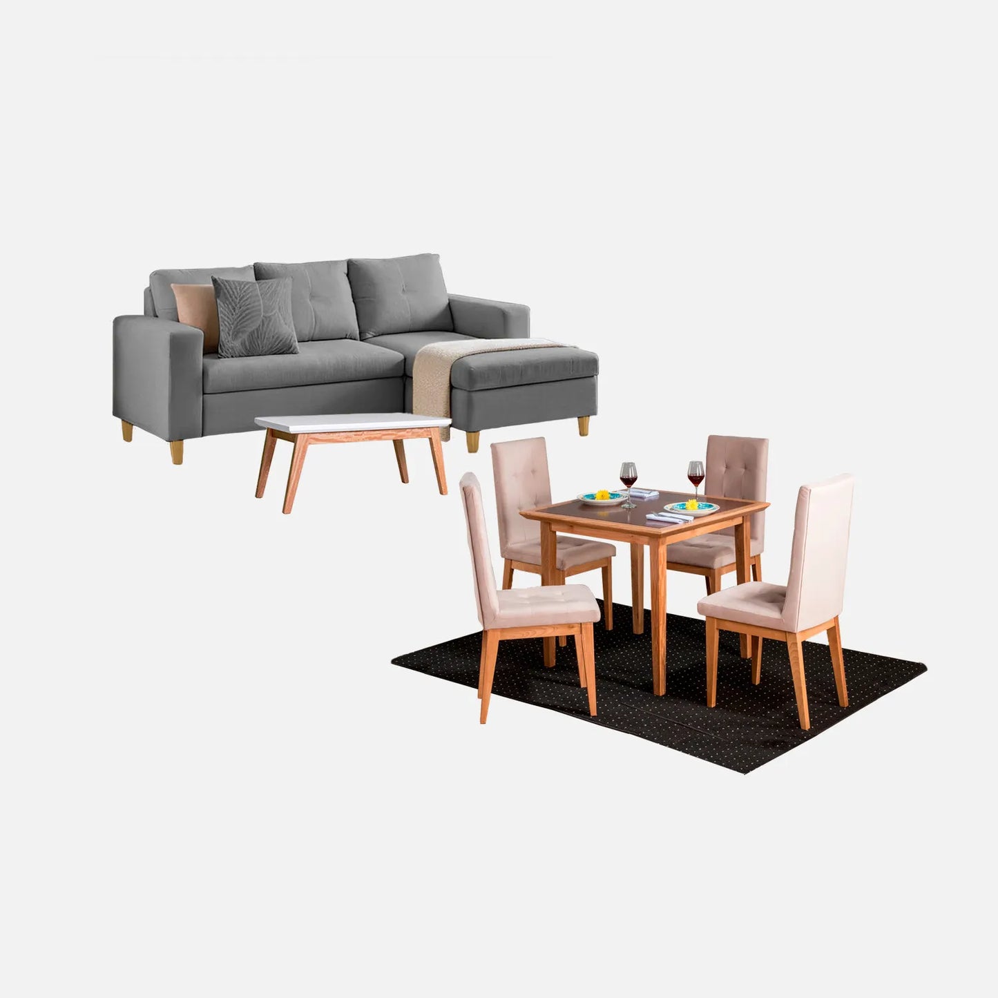 Juego de sala Verano sofá esquinero izquierdo 3 puestos visto en perspectiva en tela gris con patas de madera clara y comedor en madera tono natural y sillas tapizadas beige, con mesa auxiliar en madera maciza y tapa blanca, ideal para familias colombianas - All Star Muebles