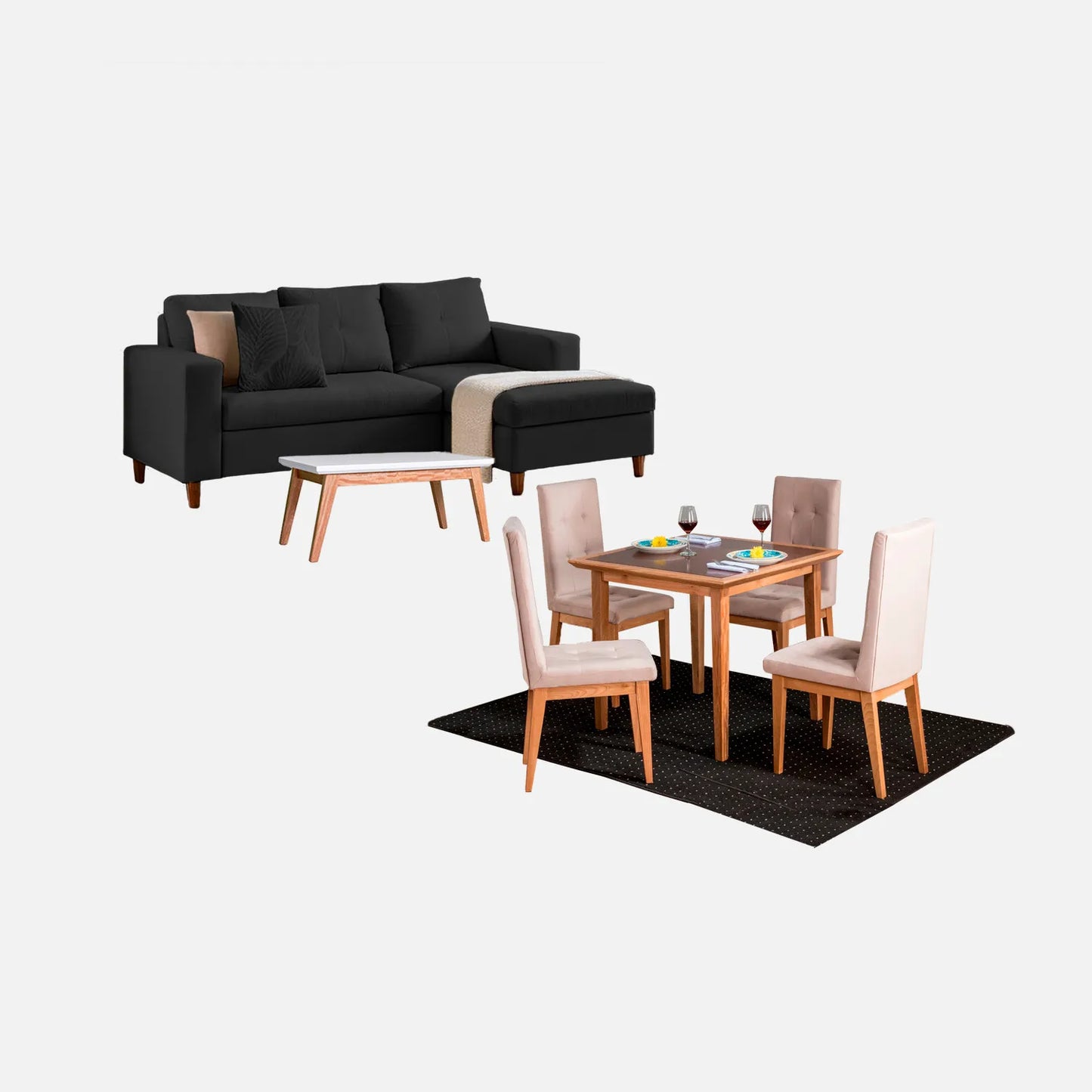 Juego de sala Verano sofá esquinero izquierdo 3 puestos visto en perspectiva en tela negro con patas de madera clara y comedor en madera tono natural y sillas tapizadas beige, con mesa auxiliar en madera maciza y tapa blanca, ideal para familias colombianas - All Star Muebles