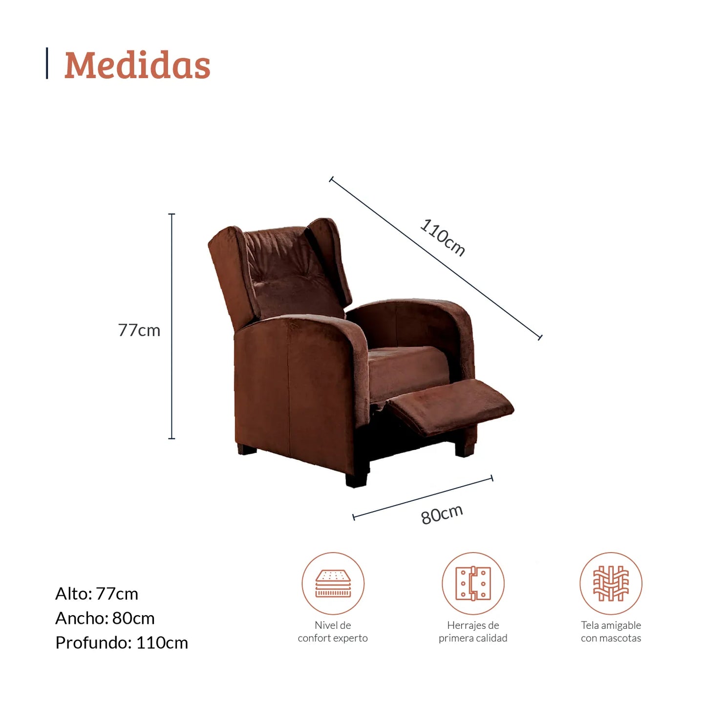 Diagrama con medidas de sillón reclinable Apolo abierto en tela café, ideal para espacios residenciales, alto 77cm ancho 80cm profundo 110cm, nivel de confort experto, herrajes de primera calidad y tela amigable con mascotas - All Star muebles Colombia