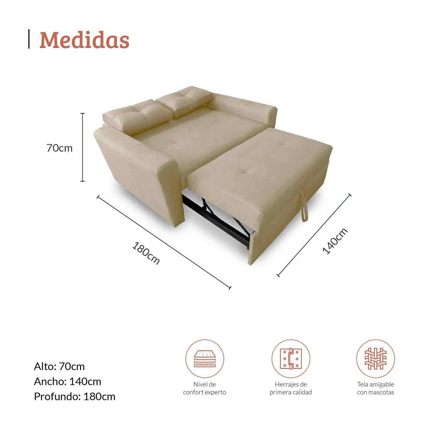 Diagrama con medidas de sofá cama bari 2 puestos en tela beige, ideal para espacios residenciales, alto 70cm ancho 140cm profundo 180cm, nivel de confort experto, herrajes de primera calidad y tela amigable con mascotas - All Star muebles Colombia