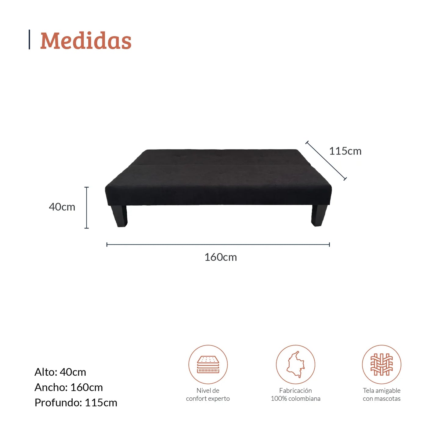 Diagrama con medidas de sofá cama abatible dos puestos en tela negra, ideal para espacios reducidos, alto 40 ancho 160 y profundo 115 centímetros - All Star muebles Colombia