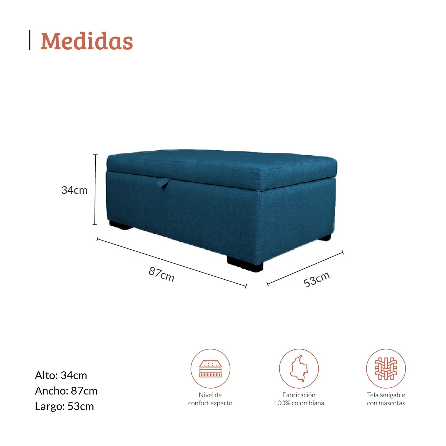 Diagrama con medidas de puff tipo baúl tapizado en tela azul, ideal para espacios residenciales, alto 34cm ancho 87cm profundo 53cm, nivel de confort experto, fabricación 100% colombiana y tela amigable con mascotas - All Star muebles Colombia