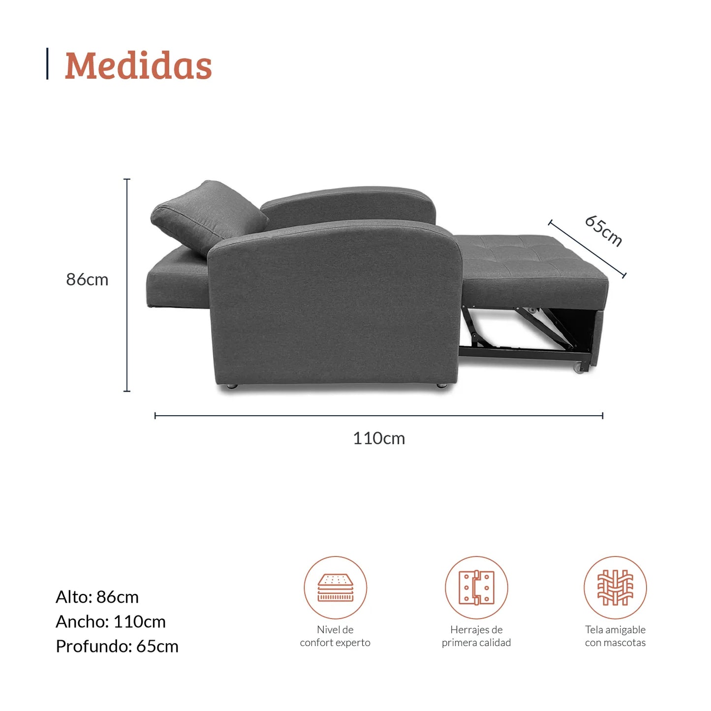 Diagrama con medidas de poltrona cama convertible individual en tela gris, ideal para espacios pequeños, alto 86 ancho 110 y profundo 65 centímetros - All Star muebles Colombia