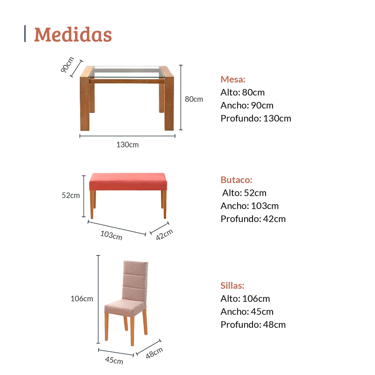 Diagrama con medidas de juego de comedor seis puestos, mesa en madera maciza, tela beige y salmón, mesa 80 alto 90 ancho 130 profundo, sillas 106 alto 45 ancho 48 profundo y butaco 52 alto 103 ancho 42 profundo - All Star muebles Colombia