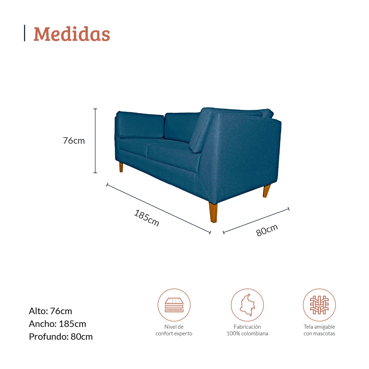 Diagrama con medidas de sofá tres puestos en tela azul, ideal para espacios corporativos y residenciales, alto 76 ancho 185 y profundo 80 centímetros - All Star muebles Colombia