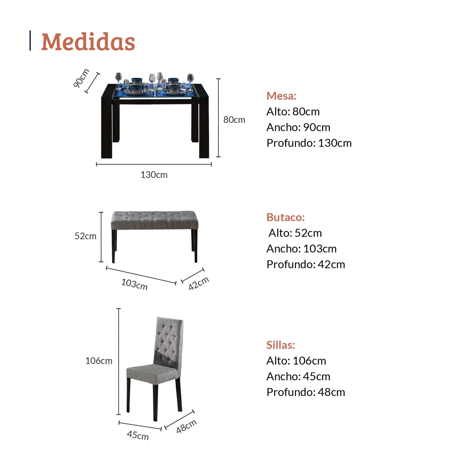 Diagrama con medidas de juego de comedor seis puestos, mesa en madera maciza en tono negro, tela gris, mesa 80 alto 90 ancho 130 profundo, sillas 106 alto 45 ancho 48 profundo y butaco 52 alto 103 ancho 42 profundo - All Star muebles Colombia