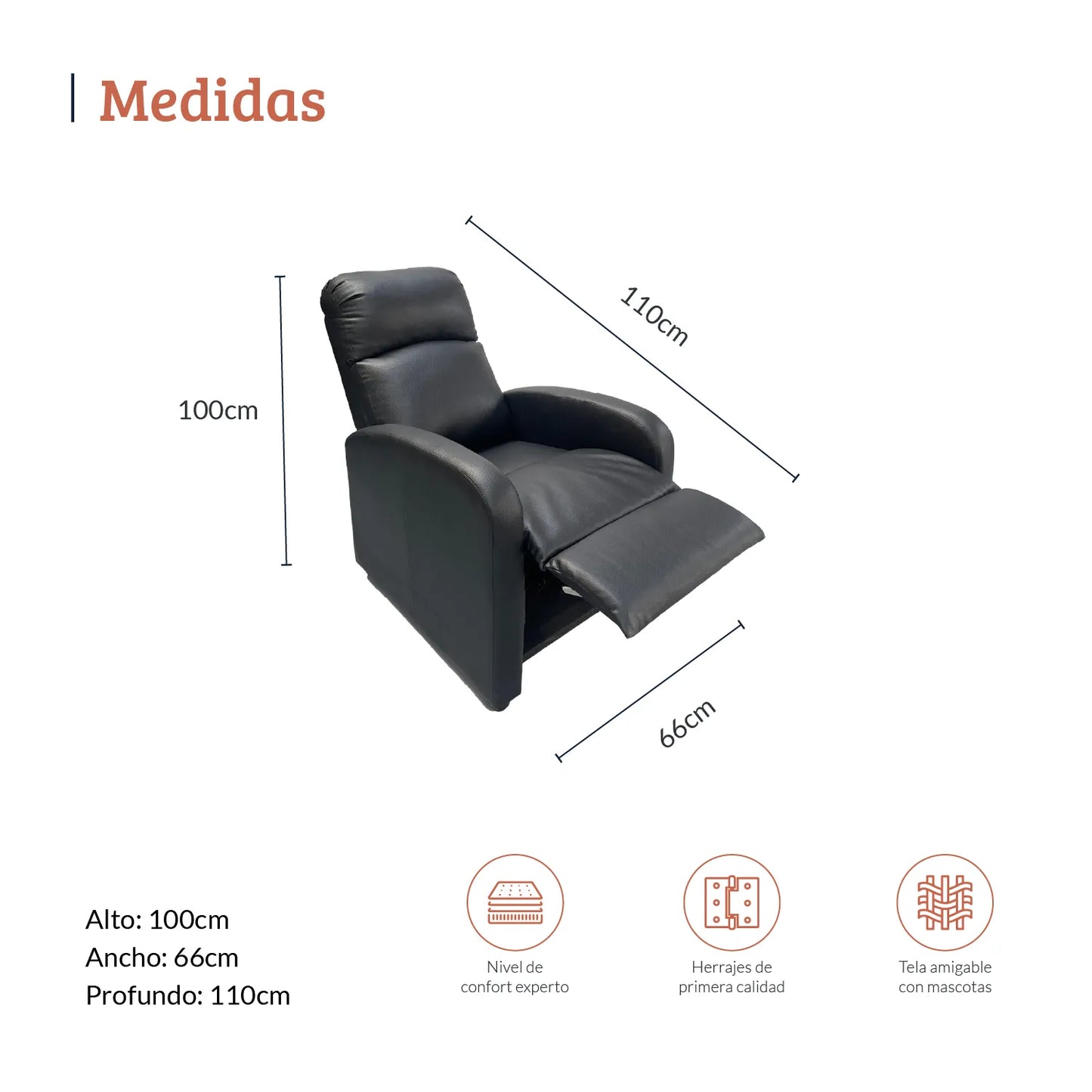Diagrama con medidas de sillón reclinable Logan abierto en tela eco cuero negro, ideal para espacios residenciales, alto 100cm ancho 66cm profundo 110cm, nivel de confort experto, herrajes de primera calidad y tela amigable con mascotas - All Star muebles Colombia
