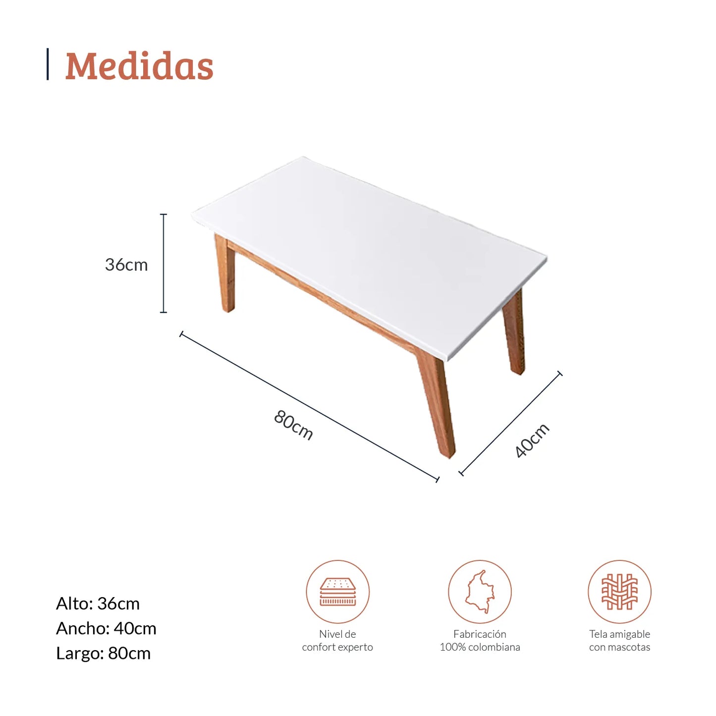 Diagrama con medidas de mesa auxiliar Tanner en madera maciza con tapa color blanco, ideal para complemento de mobiliario, alto 36cm ancho 40cm profundo 80cm, nivel de confort experto, fabricación 100% colombiana y tela amigable con mascotas - All Star muebles Colombia