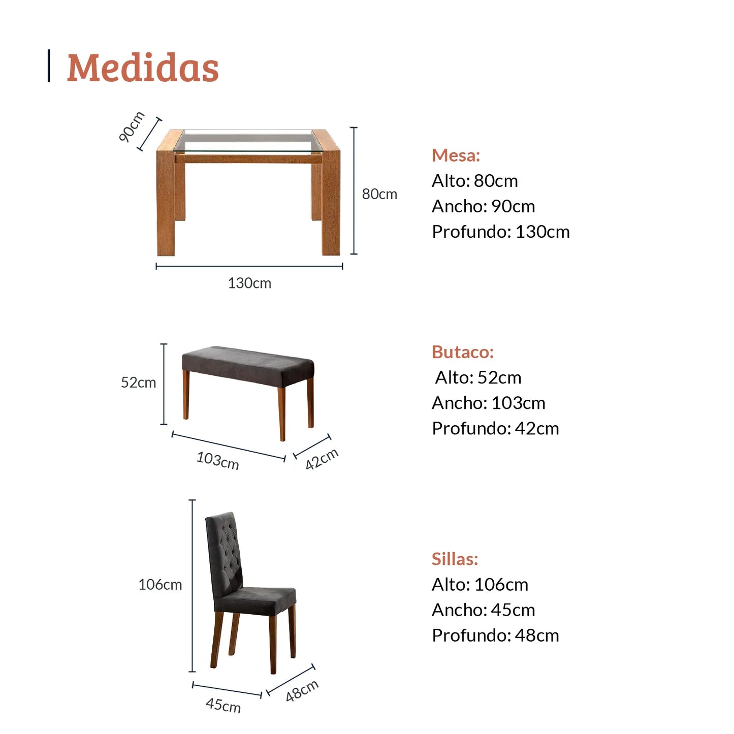 Diagrama con medidas de juego de comedor seis puestos, mesa en madera maciza, tela gris, mesa 80 alto 90 ancho 130 profundo, sillas 106 alto 45 ancho 48 profundo y butaco 52 alto 103 ancho 42 profundo - All Star muebles Colombia