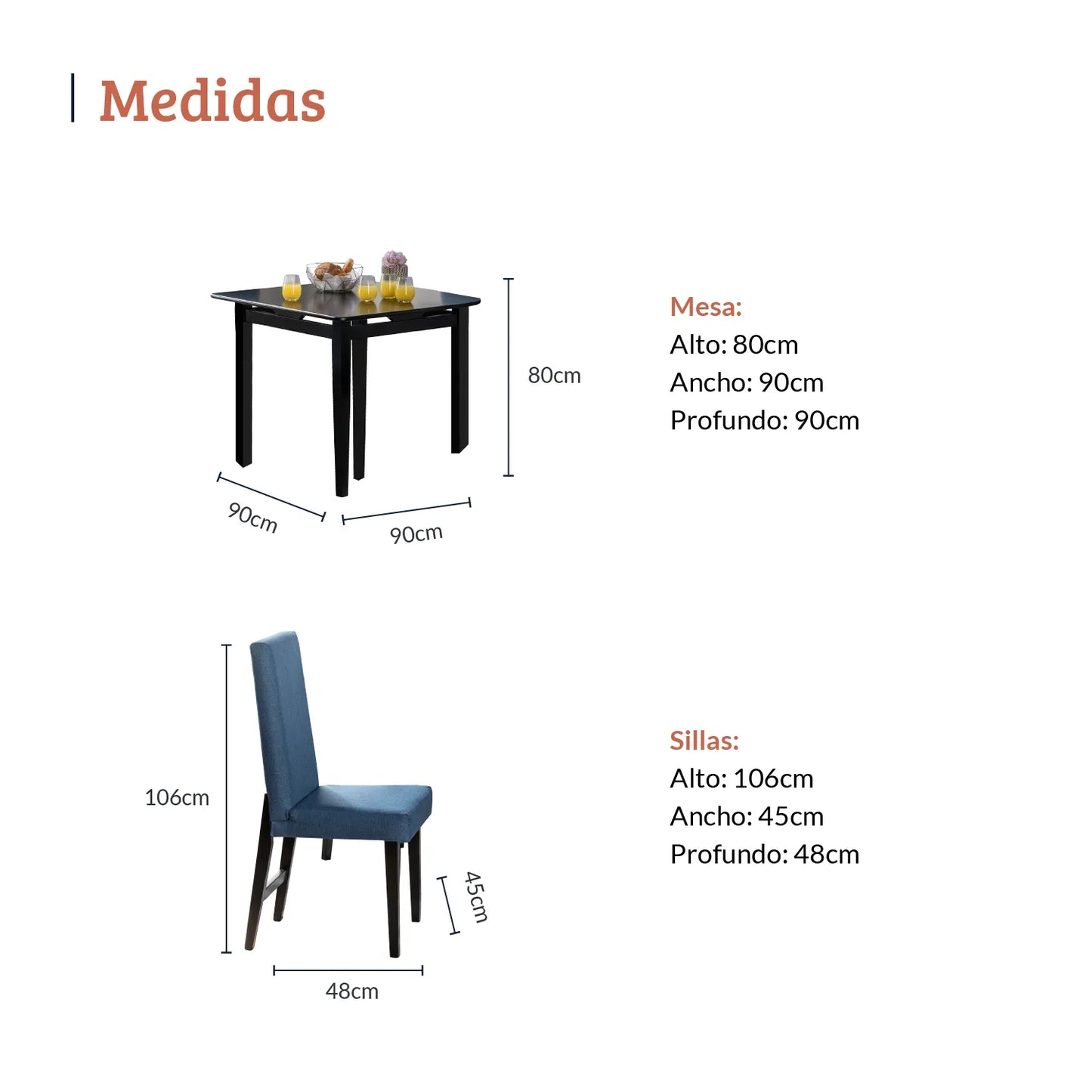 Diagrama con medidas de juego de comedor cuatro puestos, mesa en madera maciza en tono negro, sillas en tela azul, mesa 80 alto 90 ancho 90 profundo, sillas 106 alto 45 ancho 48 profundo - All Star muebles Colombia