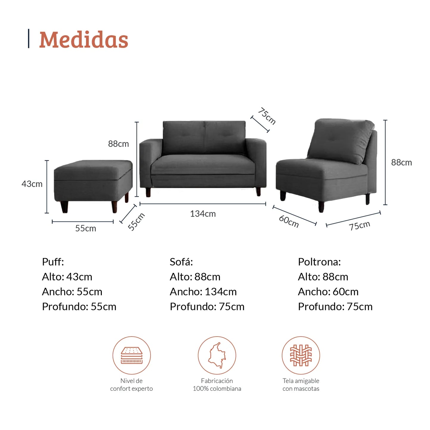 Imagen técnica de medidas del set multifuncional en tela gris que incluye puff, sofá y poltrona. Puff: 43 cm de alto, 55 cm de ancho y profundidad; Sofá: 88 cm de alto, 134 cm de ancho, 75 cm de profundidad; Poltrona: 88 cm de alto, 60 cm de ancho, 75 cm de profundidad. Incluye íconos de confort experto, fabricación colombiana y tela amigable con mascotas - All Star muebles