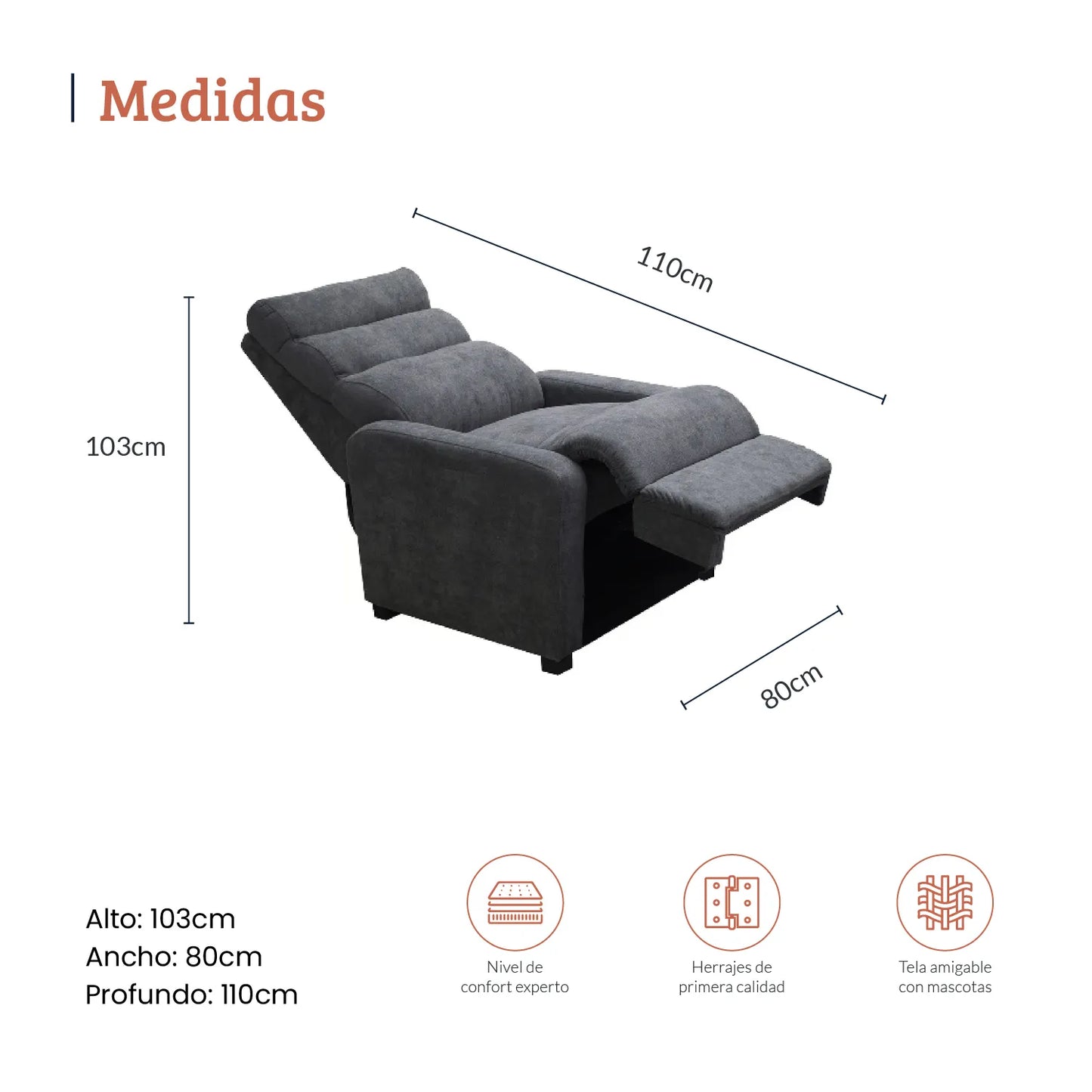 Diagrama con medidas de sillón reclinable Odín reclinado en tela gris, ideal para espacios residenciales, alto 103cm ancho 80cm profundo 110cm, nivel de confort experto, herrajes de primera calidad y tela amigable con mascotas - All Star muebles Colombia
