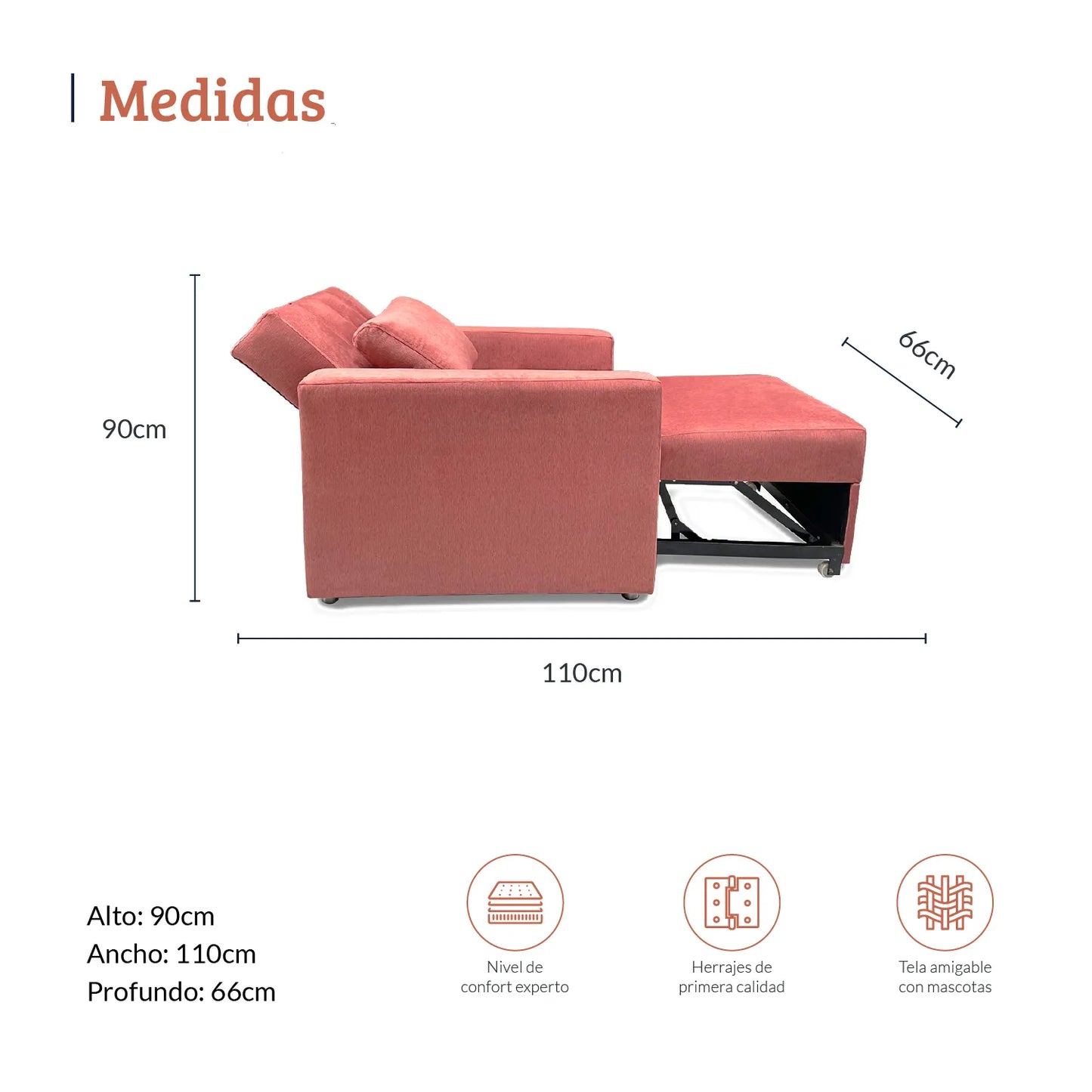 Diagrama con medidas de poltrona cama convertible individual en tela rosa, ideal para espacios pequeños, alto 90 ancho 110 y profundo 66 centímetros - All Star muebles Colombia