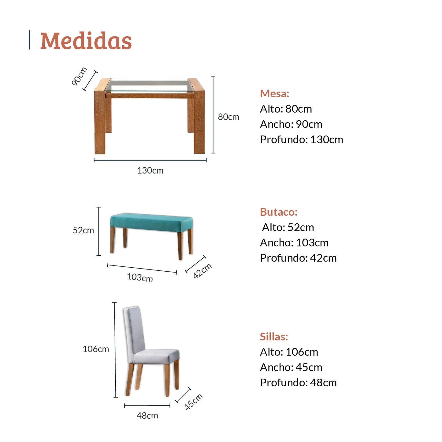 Diagrama con medidas de juego de comedor seis puestos, mesa con tapa de vidrio y madera maciza, tela gris y aqua, mesa 80 alto a90 ancho 130 profundo, sillas 106 alto 45 ancho 48 profundo y butaco 52 alto 103 ancho 42 profundo - All Star muebles Colombia