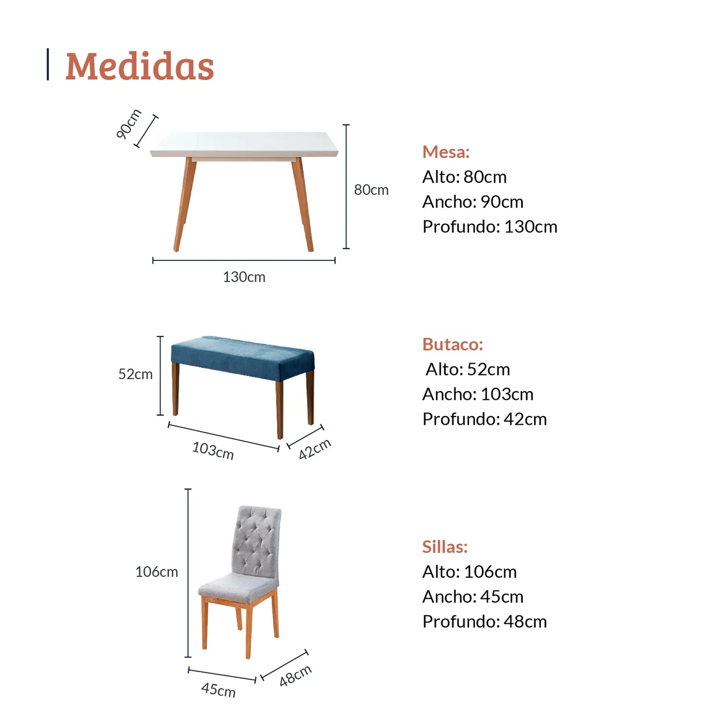 Diagrama con medidas de juego de comedor seis puestos, mesa en madera maciza, tela gris y azul, mesa 80 alto 90 ancho 130 profundo, sillas 106 alto 45 ancho 48 profundo y butaco 52 alto 103 ancho 42 profundo - All Star muebles Colombia