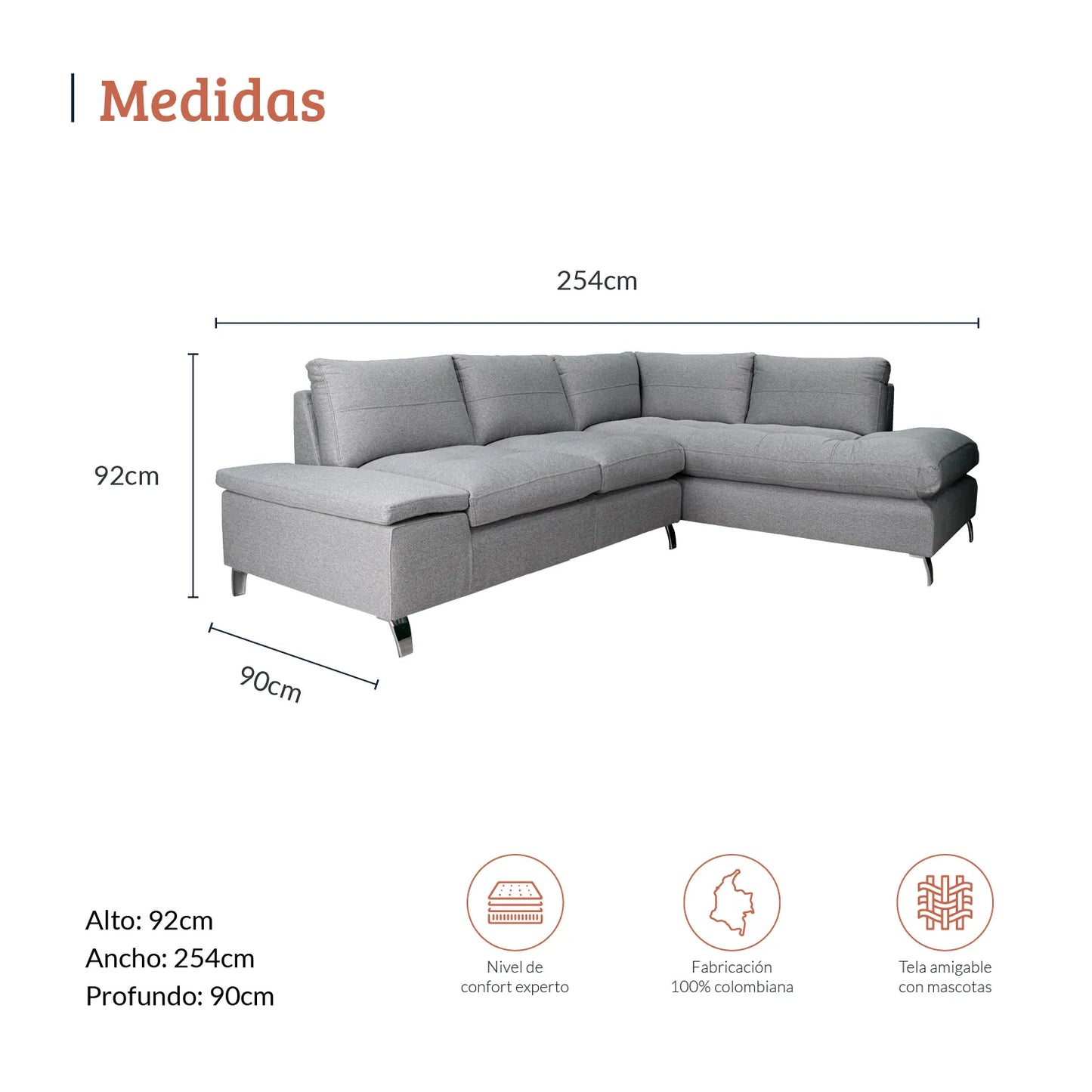 Diagrama con medidas de sala en L cinco puestos en tela gris, ideal para espacios grandes, alto 92 ancho 254 y profundo 90 centímetros - All Star muebles Colombia