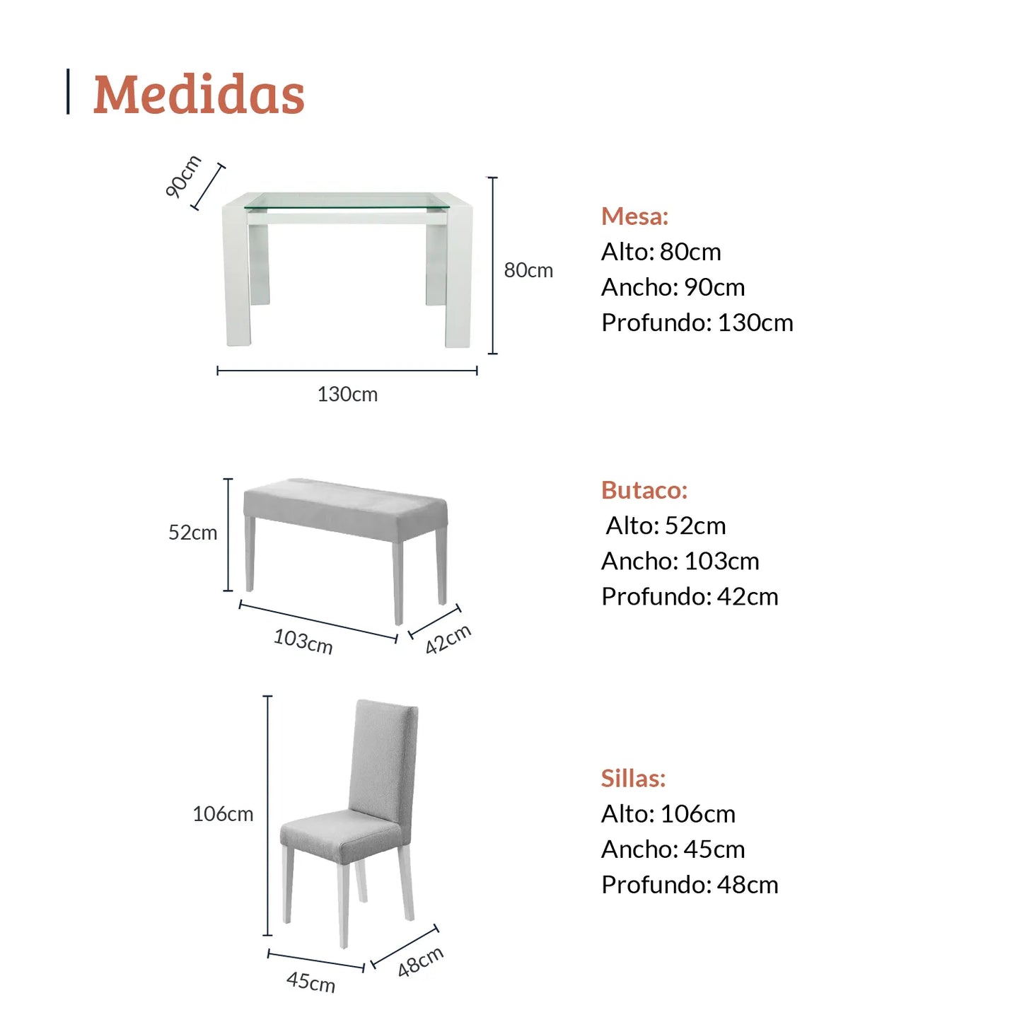 Diagrama con medidas de juego de comedor seis puestos, mesa en madera maciza tono blanco, tela gris, mesa 80 alto 90 ancho 130 profundo, sillas 106 alto 45 ancho 48 profundo - All Star muebles Colombia