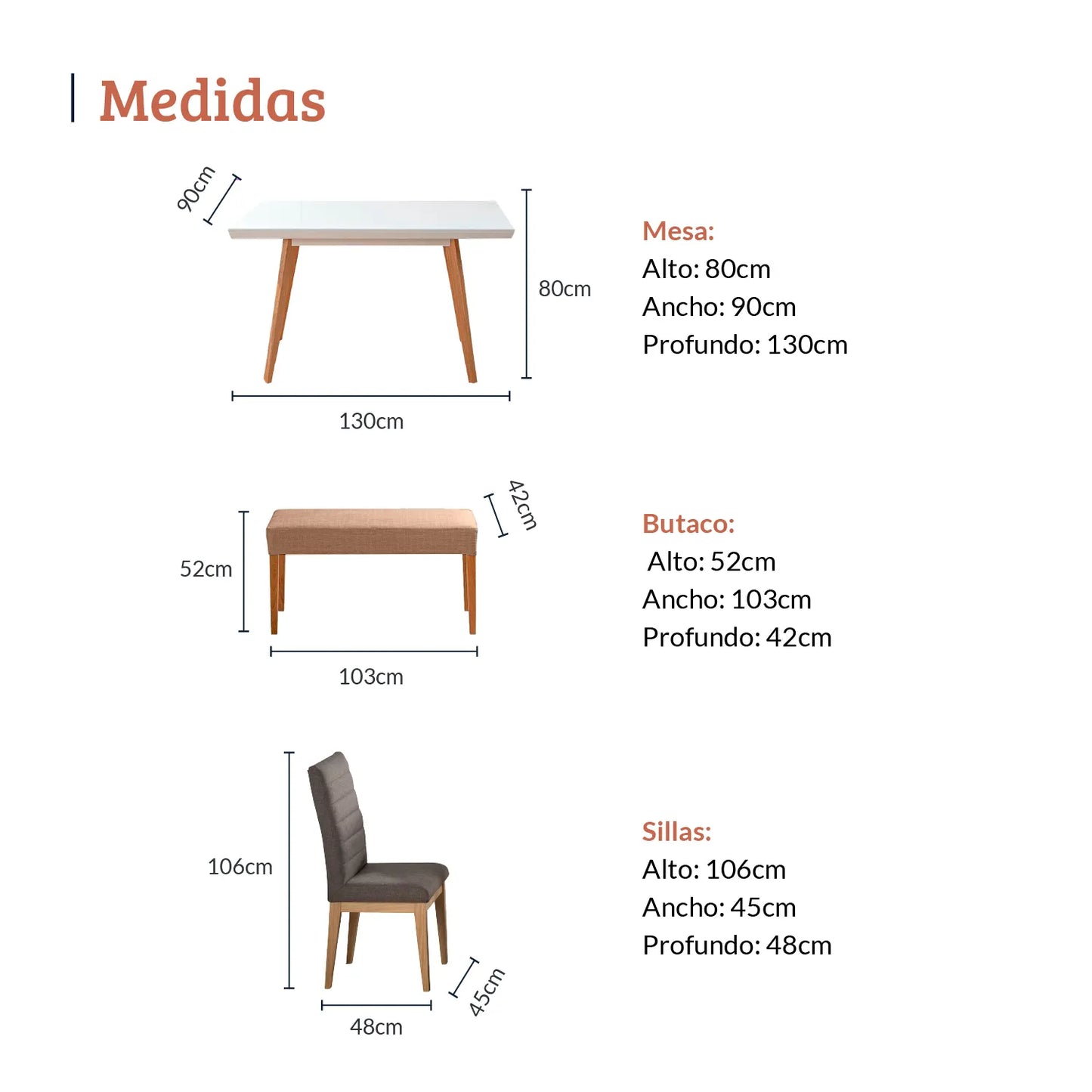 Diagrama con medidas de juego de comedor seis puestos, mesa en madera maciza, tela gris y beige, mesa 80 alto 90 ancho 130 profundo, sillas 106 alto 45 ancho 48 profundo y butaco 52 alto 103 ancho 42 profundo - All Star muebles Colombia