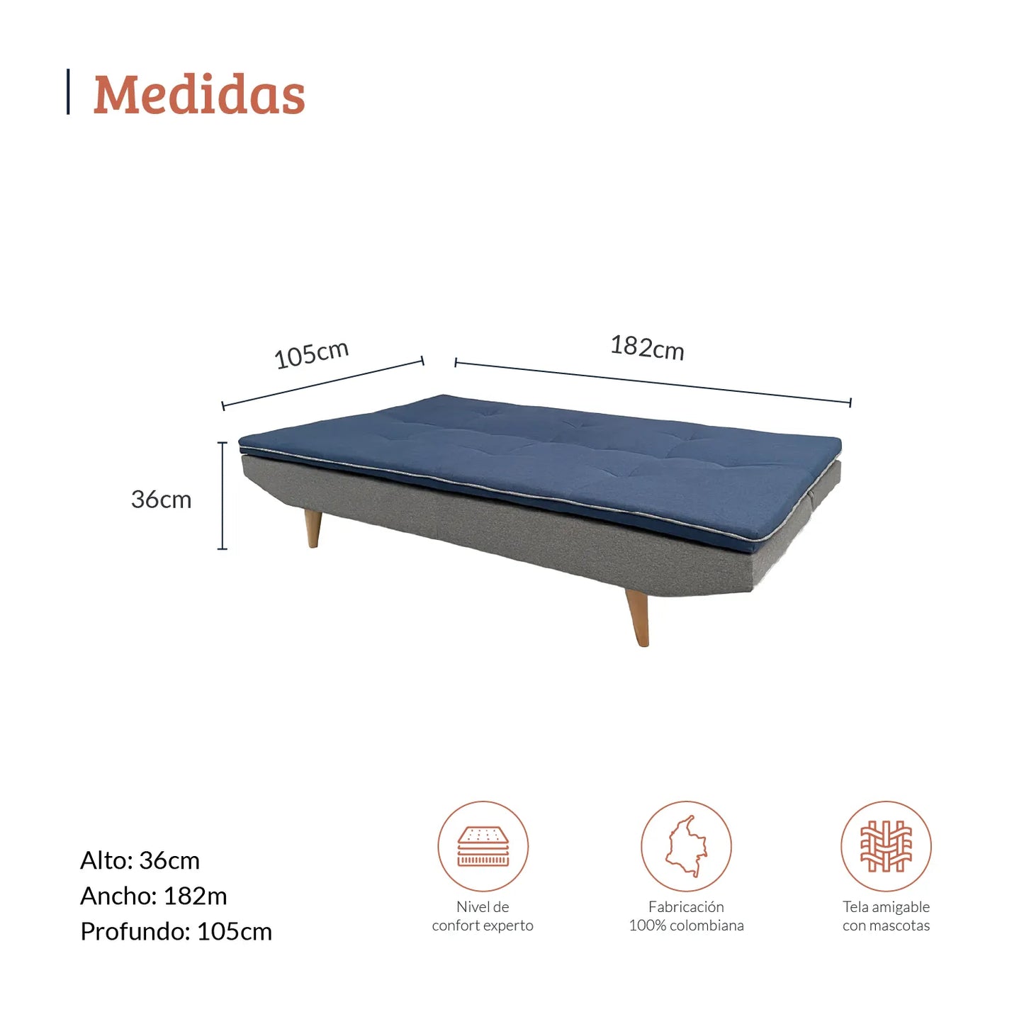 Diagrama con medidas de sofá cama abatible tres puestos en tela gris y azul, ideal para espacios corporativos y residenciales, alto 36 ancho 182 y profundo 105 centímetros - All Star muebles Colombia