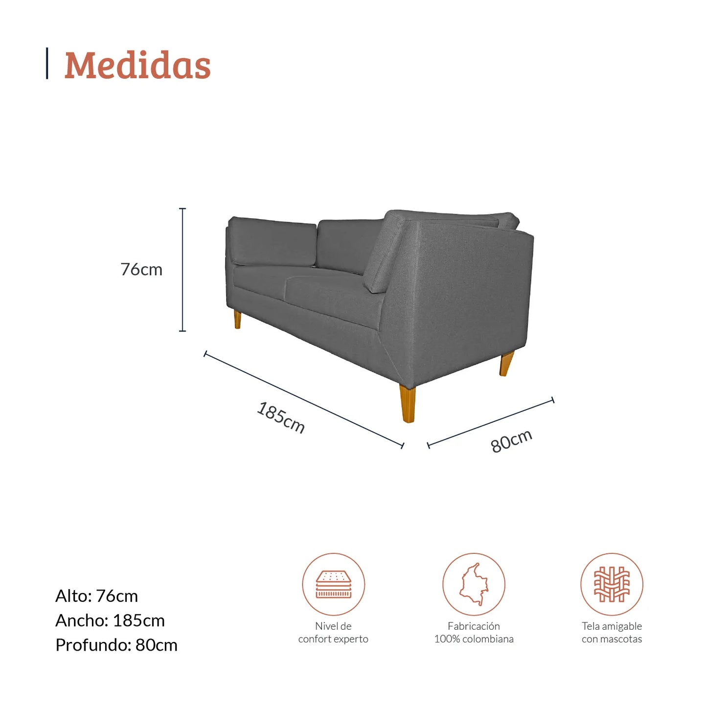 Diagrama con medidas de sofá 3 puestos gales en tela color gris, ideal para espacios residenciales, alto 76cm ancho sofá 185cm ancho profundo sofá 80cm, nivel de confort experto, fabricación 100% colombiana y tela amigable con mascotas - All Star muebles Colombia