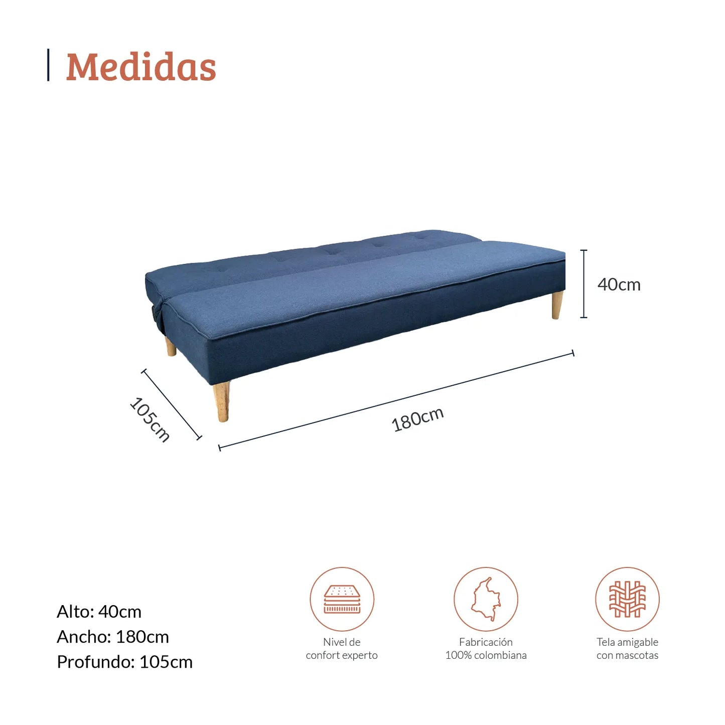 Diagrama con medidas de sofá cama abatible tres puestos en tela azul, ideal para salas y estudios, alto 40 ancho 180 y profundo 105 centímetros - All Star muebles Colombia