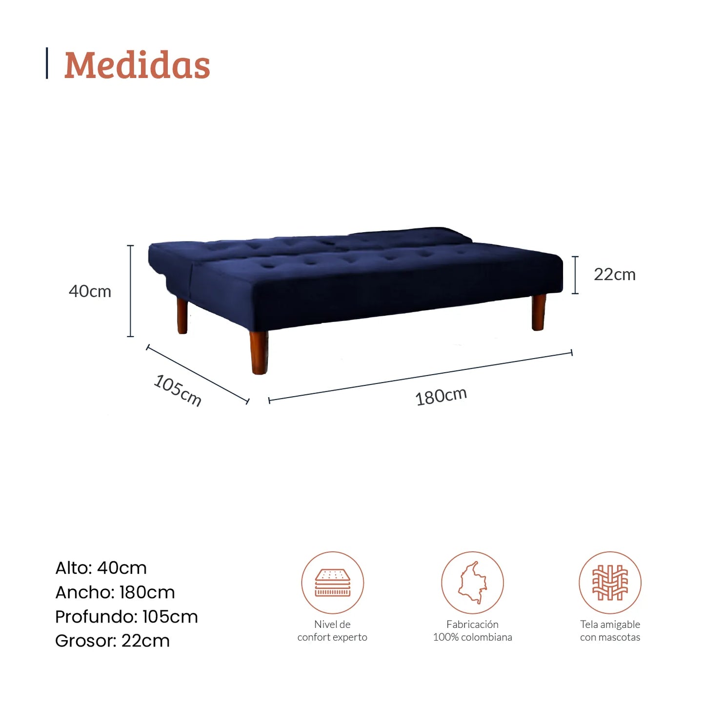 Diagrama con medidas de sofá cama abatible tres puestos en tela azul, ideal para salas y estudios, alto 40 ancho 180 y profundo 105 centímetros - All Star muebles Colombia
