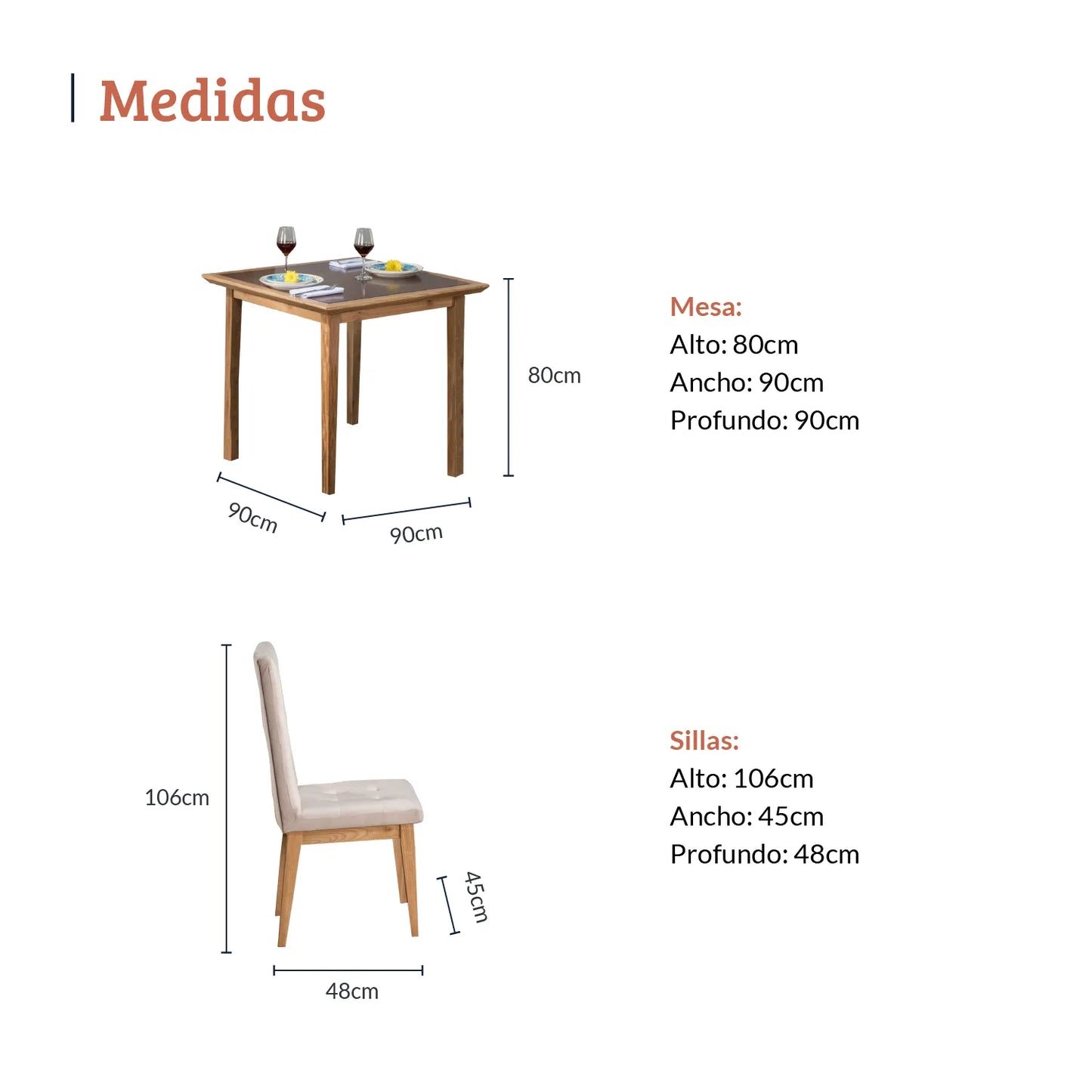 Diagrama con medidas de juego de comedor cuatro puestos, mesa en madera maciza en tono natural, sillas en tela beige, mesa 80 alto 90 ancho 90 profundo, sillas 106 alto 45 ancho 48 profundo - All Star muebles Colombia