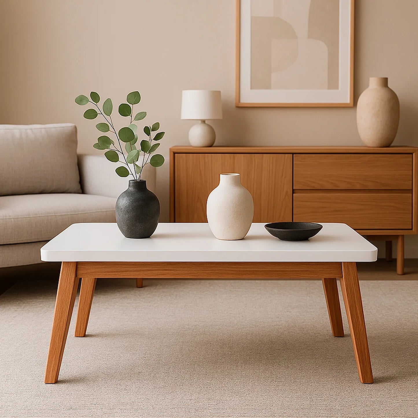 Mesa Auxiliar Tanner en madera maciza tono natural, con tapa color blanca, ubicado en sala moderna minimalista, ambientada con elementos decorativos, Ideal para hogares colombianos que buscan confort y estilo moderno - All Star muebles