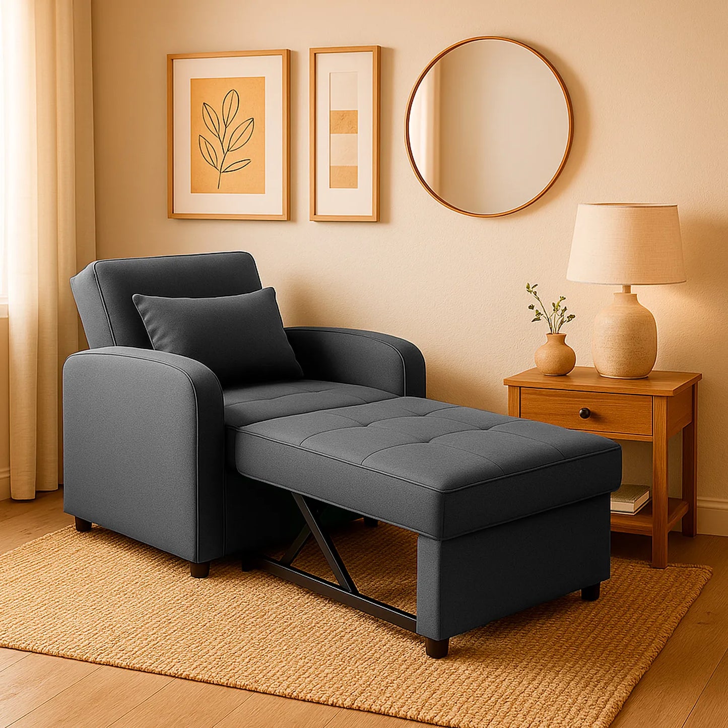 Poltrona Cama California modo cama tapizada en color gris, con herraje y patas metálicas, ubicado en sala moderna minimalista, ambientado con mesa auxiliar, Ideal para hogares colombianos que buscan confort y estilo moderno - All Star muebles