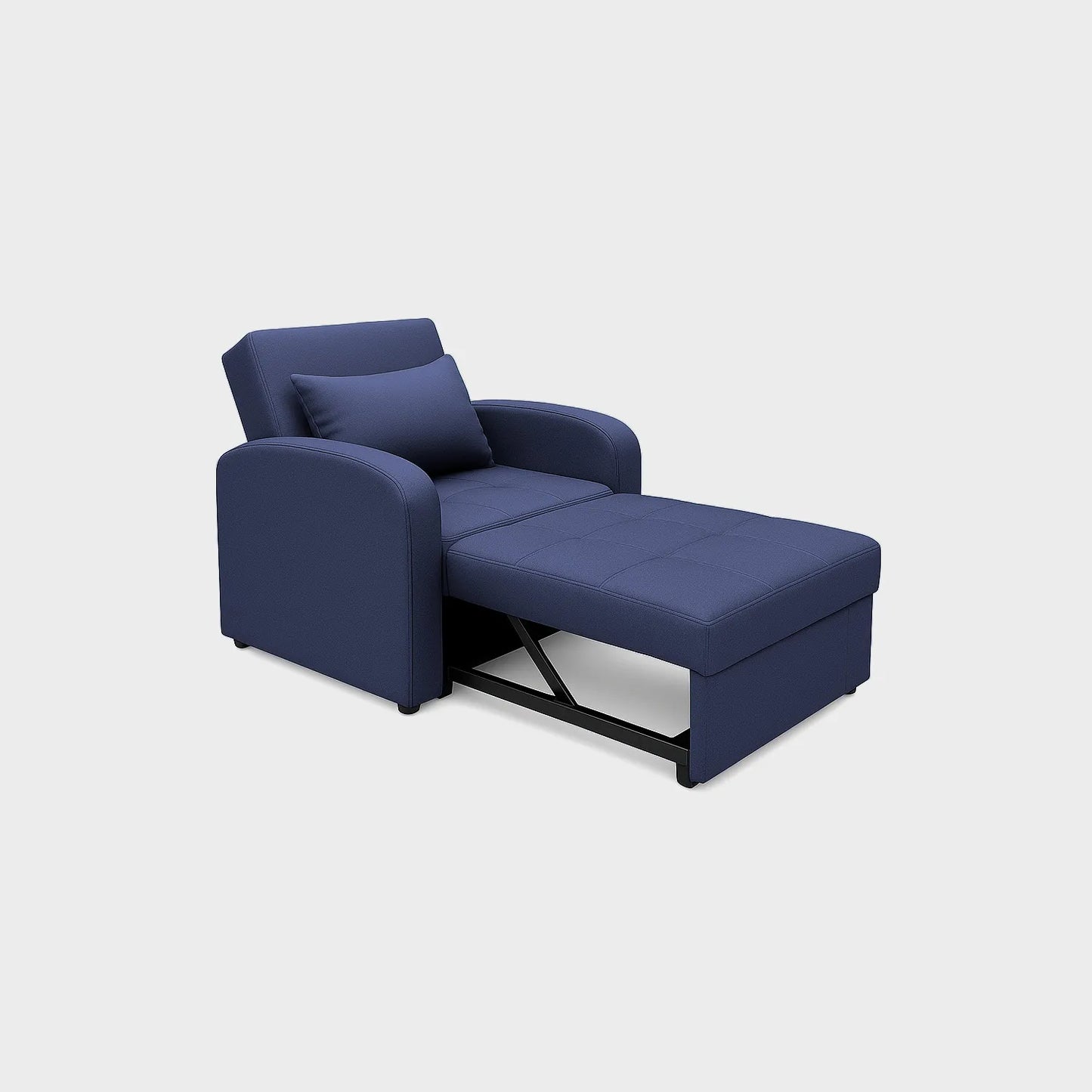 Poltrona cama California tipo carrito vista perspectiva modo cama, tapizado color azul, con herraje y patas metálicas, fotografía sobre fondo blanco, ideal para visualizar la combinación de estilos y colores - All Star muebles