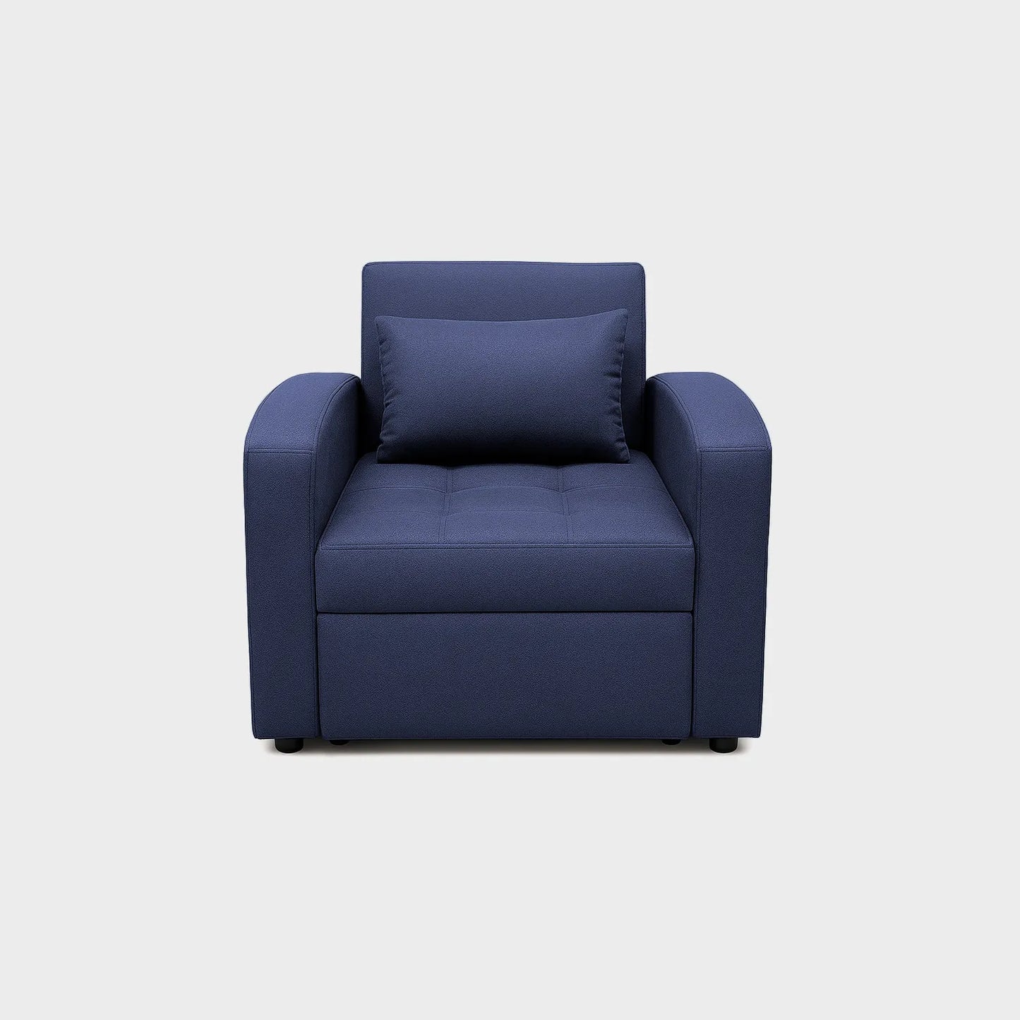 Poltrona cama California tipo carrito vista de frente, tapizado color azul, con patas metálicas, fotografía sobre fondo blanco, ideal para visualizar la combinación de estilos y colores - All Star muebles