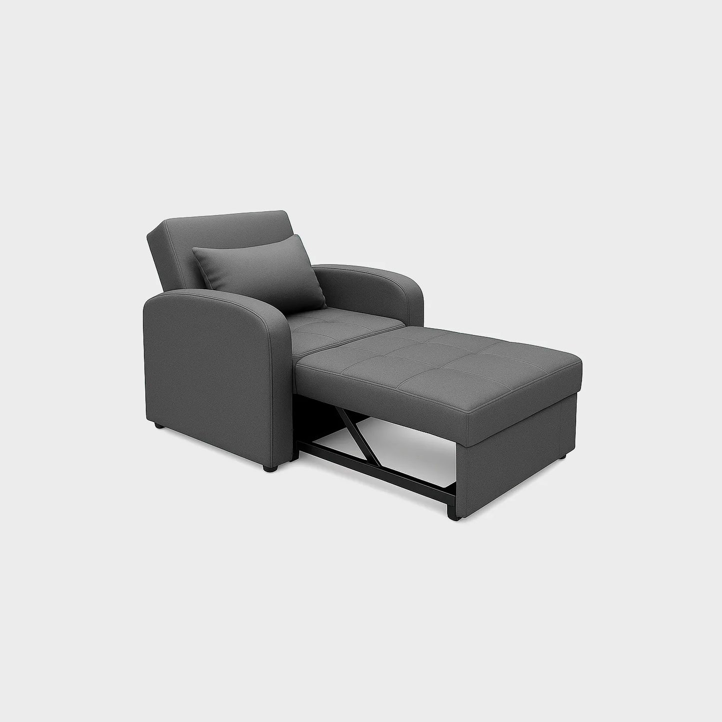Poltrona cama California tipo carrito vista perspectiva modo cama, tapizado color gris, con herraje y patas metálicas, fotografía sobre fondo blanco, ideal para visualizar la combinación de estilos y colores - All Star muebles