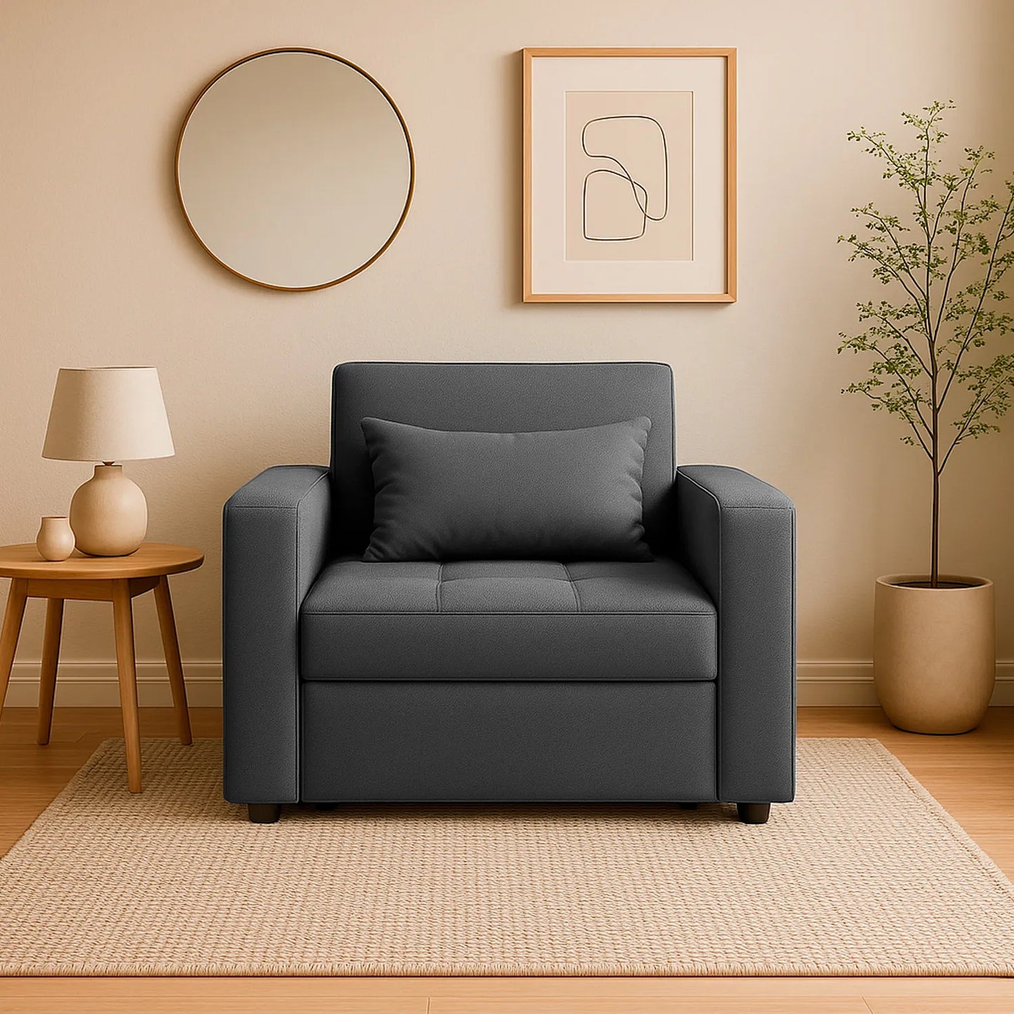 Poltrona Cama California tapizada en color gris, con patas metálicas, ubicada en sala moderna minimalista, ambientado con mesa auxiliar, Ideal para hogares colombianos que buscan confort y estilo moderno - All Star muebles