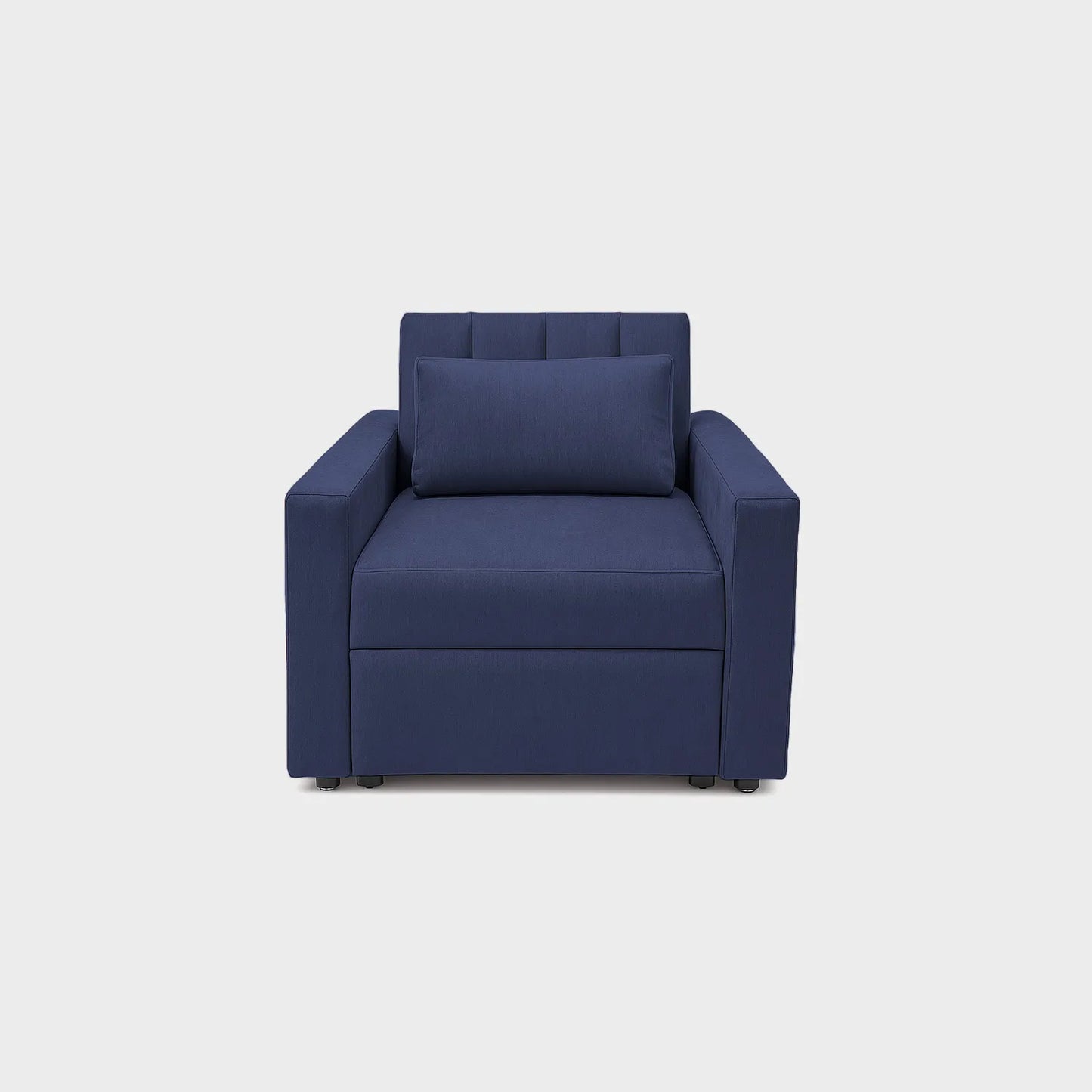 Poltrona cama tipo carrito vista de frente, tapizado color azul, con patas metálicas, fotografía sobre fondo blanco, ideal para visualizar la combinación de estilos y colores - All Star muebles