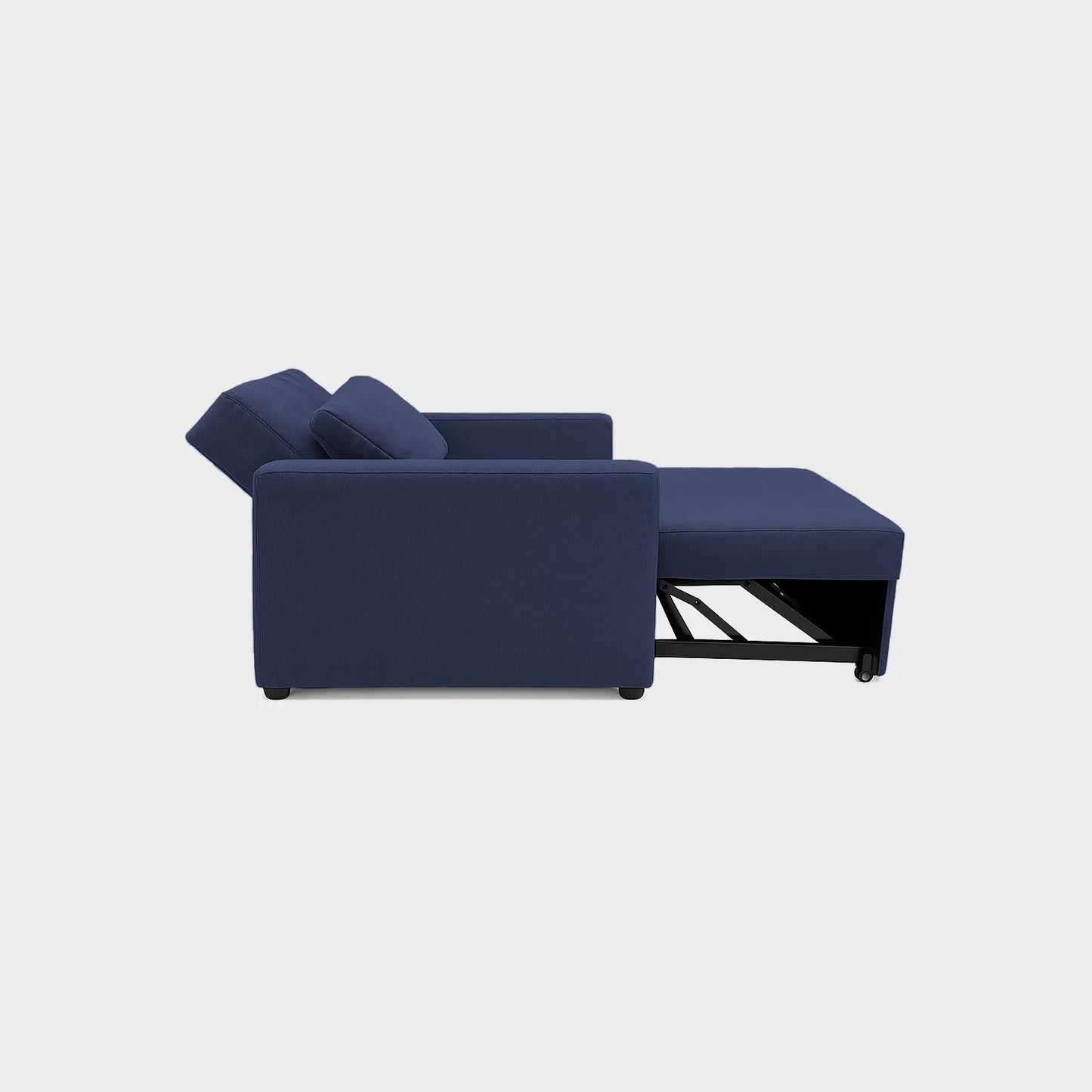 Poltrona cama Onix tipo carrito vista lateral modo cama, tapizado color azul, con patas metálicas, fotografía sobre fondo blanco, ideal para visualizar la combinación de estilos y colores - All Star muebles