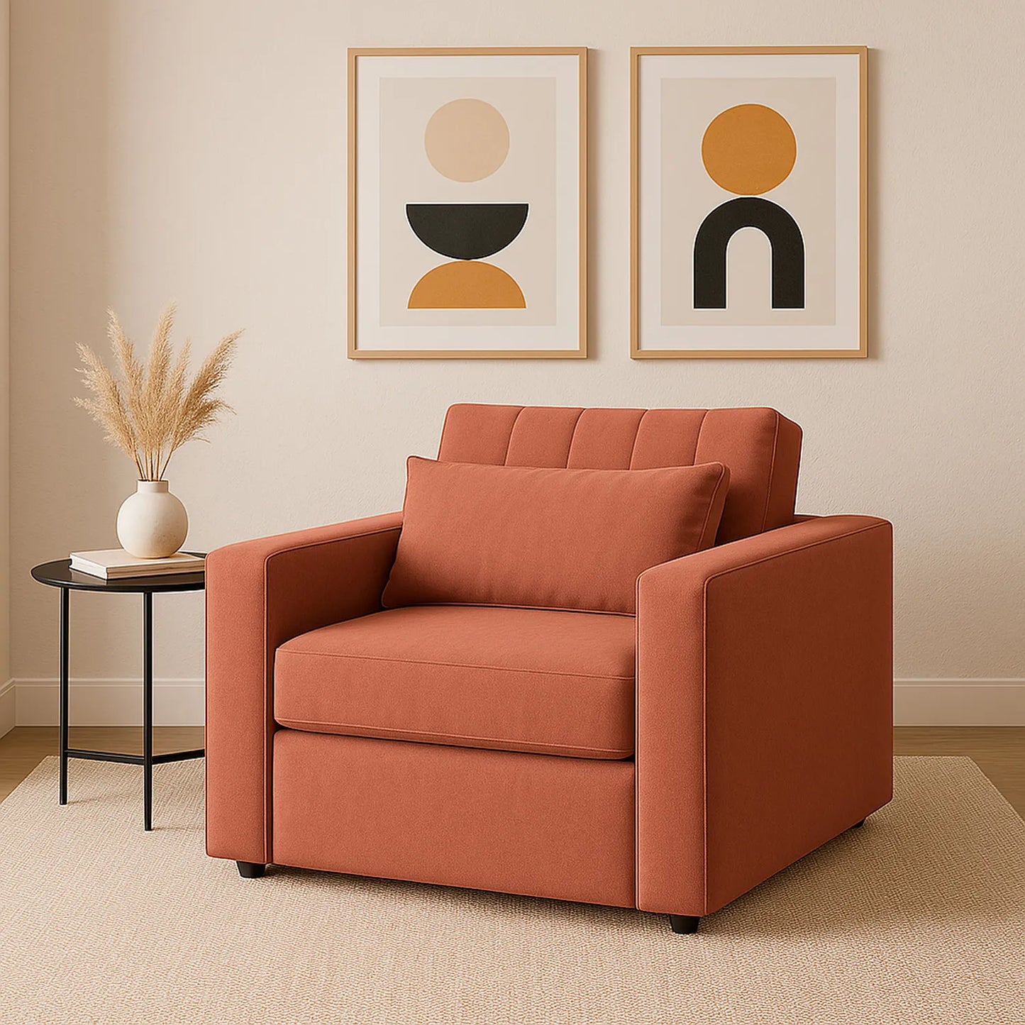 Poltrona cama California Onix tipo carrito tapizado en color guava, con patas metálicas, ubicado en sala moderna minimalista, ambientado con elementos decorativos, Ideal para hogares colombianos que buscan confort y estilo moderno - All Star muebles