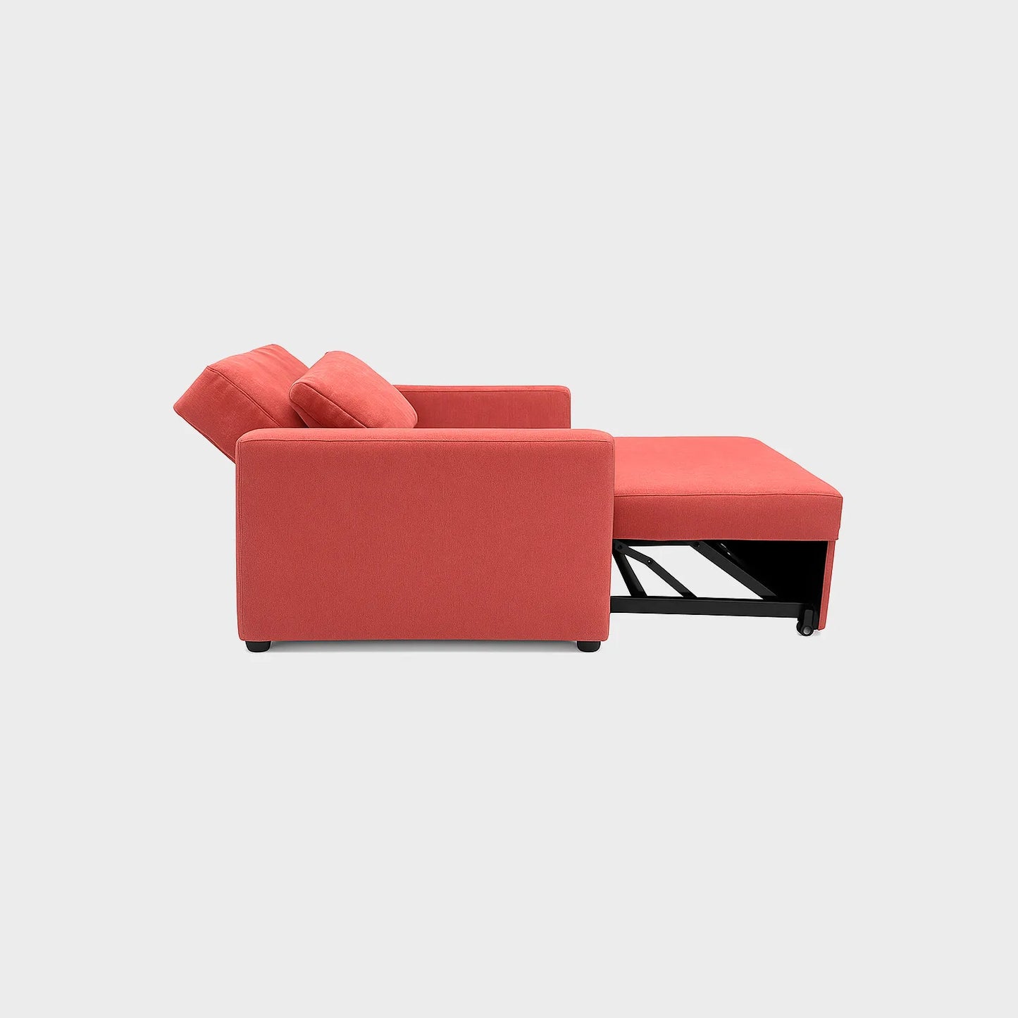 Poltrona cama Onix tipo carrito vista lateral modo cama, tapizado color guava, con patas metálicas, fotografía sobre fondo blanco, ideal para visualizar la combinación de estilos y colores - All Star muebles