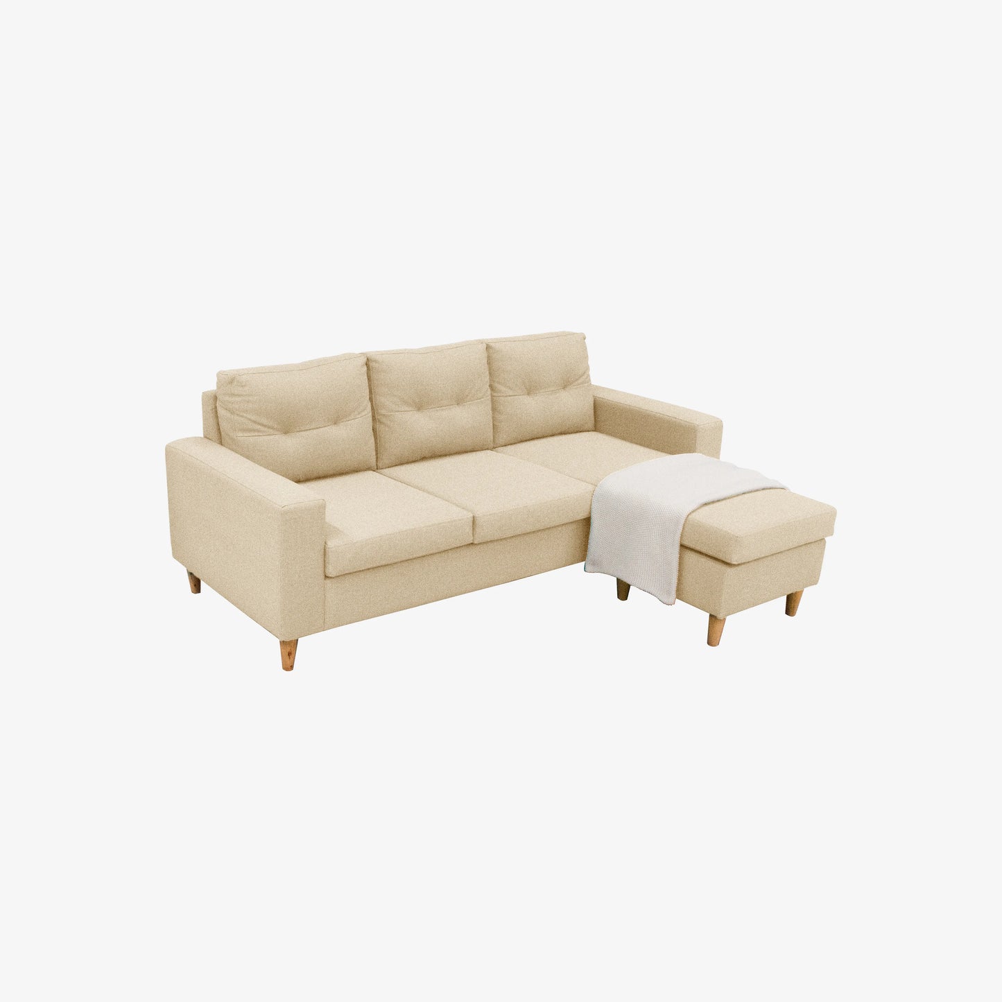 Sala en L Cielo visto en perspectiva en tela color beige con patas de madera clara y manta decorativo blanca, ideal para salas modernas - All Star Muebles Colombia