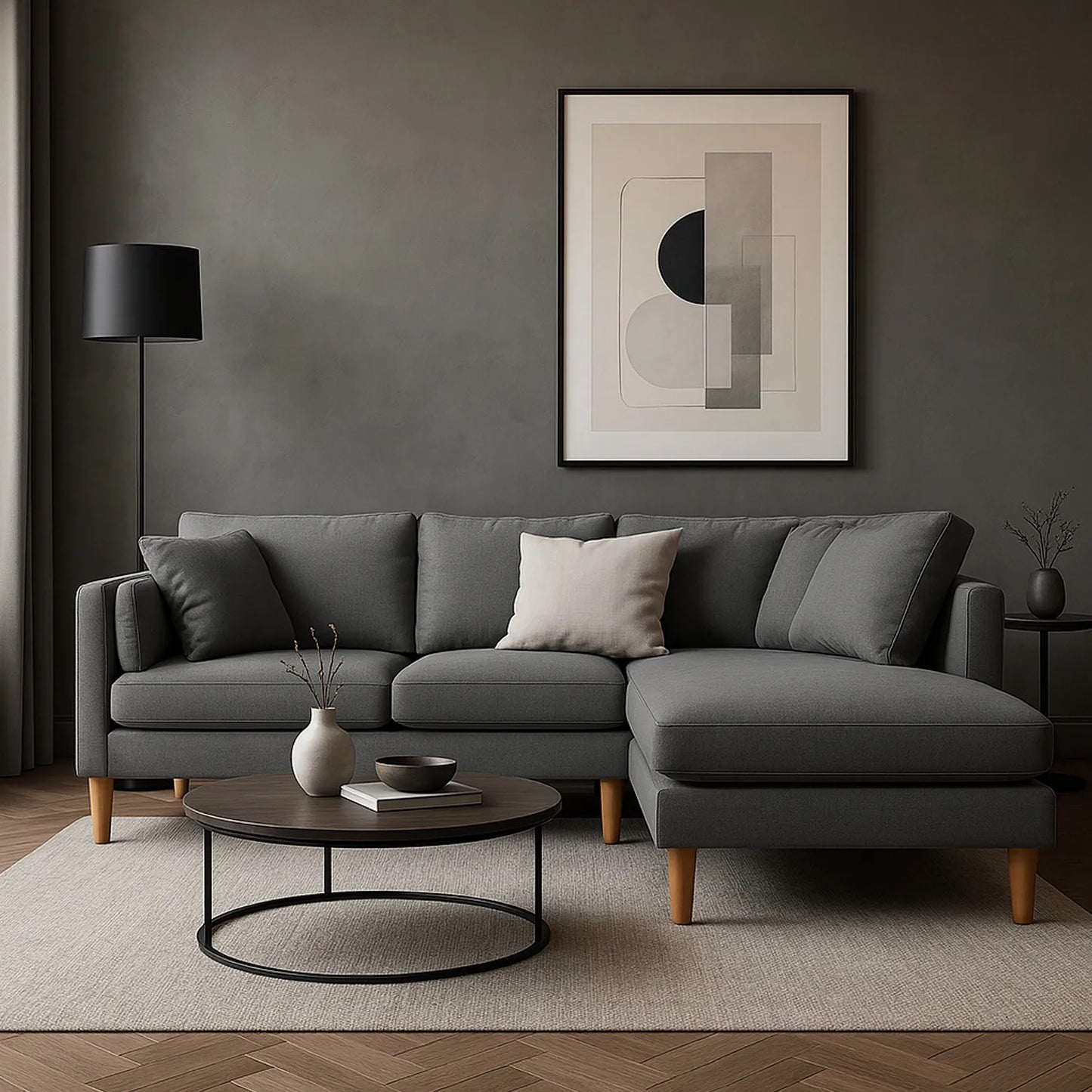 Sofá esquinero izquierdo 4 puestos en tela gris con patas en madera tono natural, ubicado en sala moderna minimalista, ambientado con mesa auxiliar, Ideal para hogares colombianos que buscan confort y estilo moderno - All Star muebles